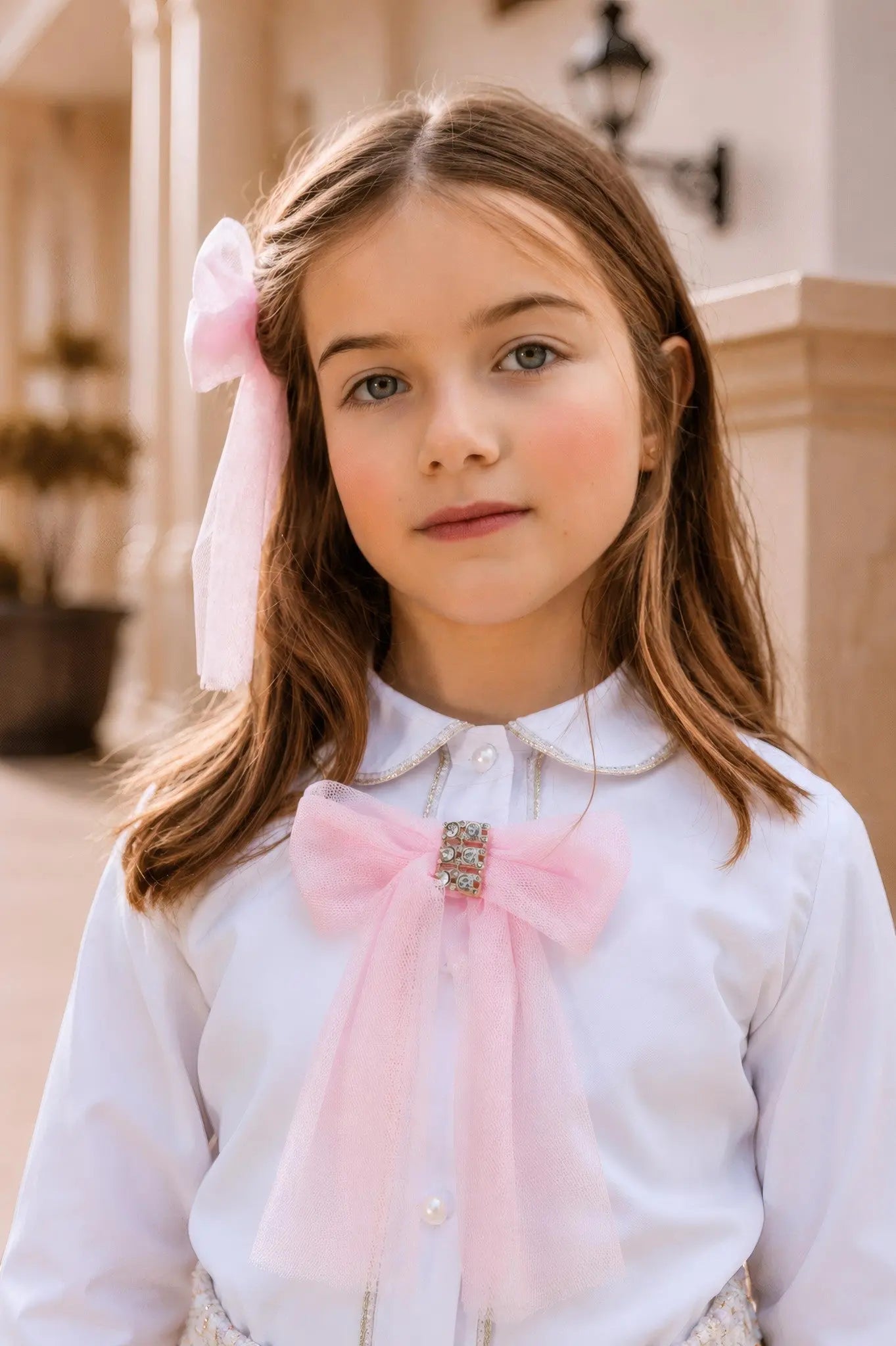 AW26 Naxos Pink Tweed Tulle Girls Blazer, Shirt & Skirt Set Naxos