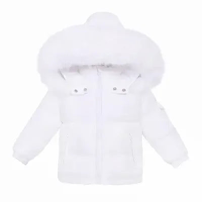 White puffer jacket for kids with faux fur hood and front zipper on plain white background