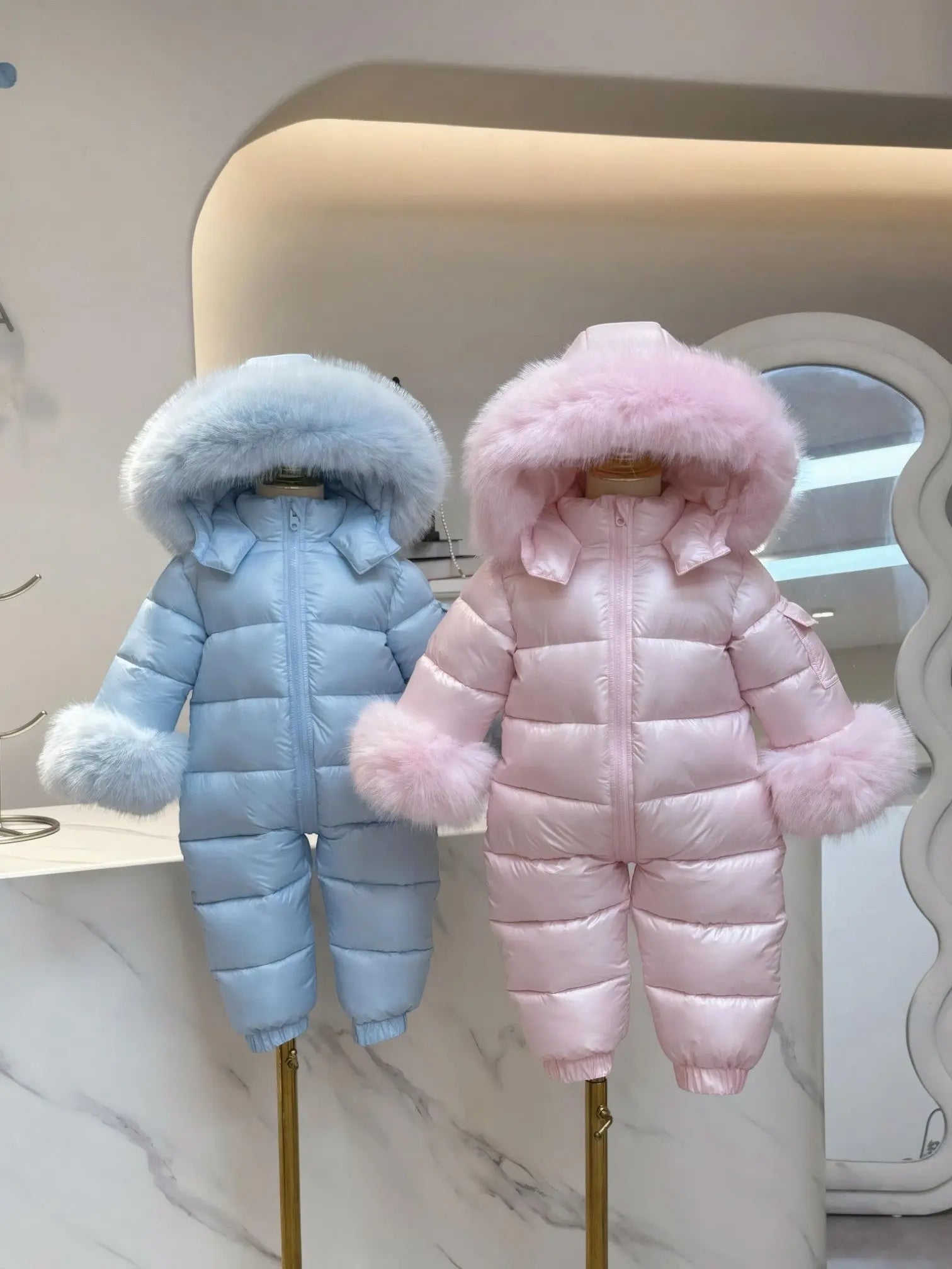 Baby Pink Detachable Fur Cuff Snowsuit - In Stock Dainty Delilah