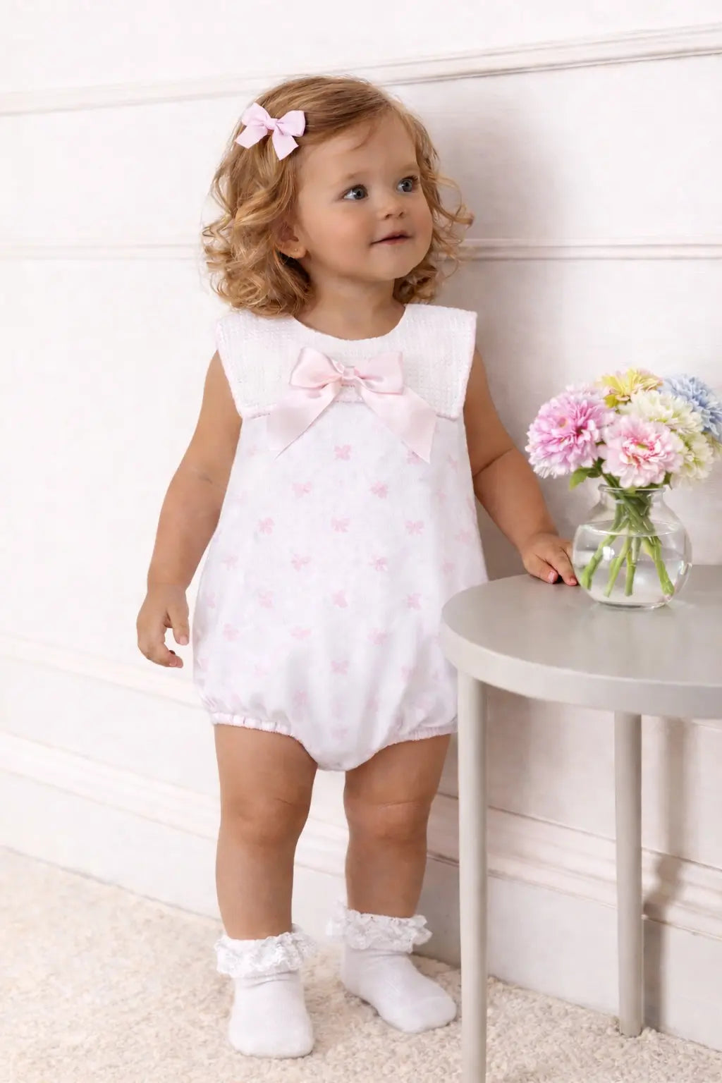SS26 Baby Girls Bow Print Collar Romper Dainty Delilah