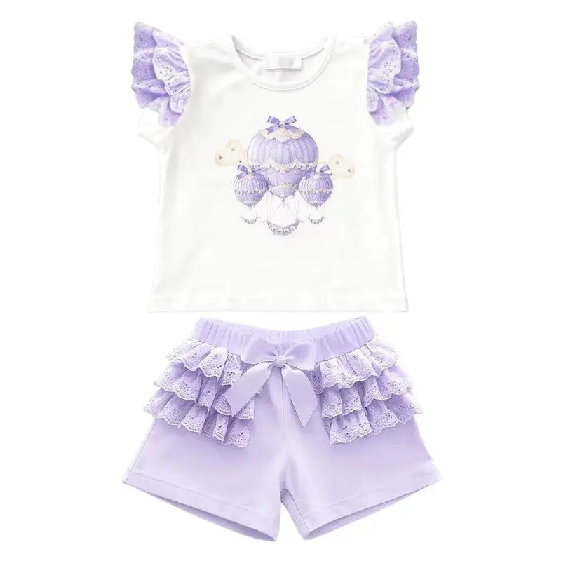 SS26 Girls Lilac Air Balloon Summer T-Shirt & Short Set Dainty Delilah