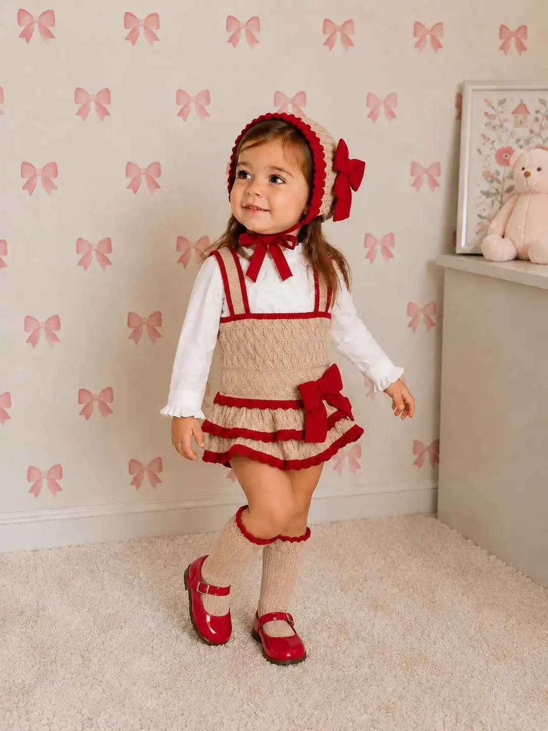 AW26 Rahigo Baby Girls Camel & Red Cardigan,Pinafore,Shirt,Bonnet & Socks