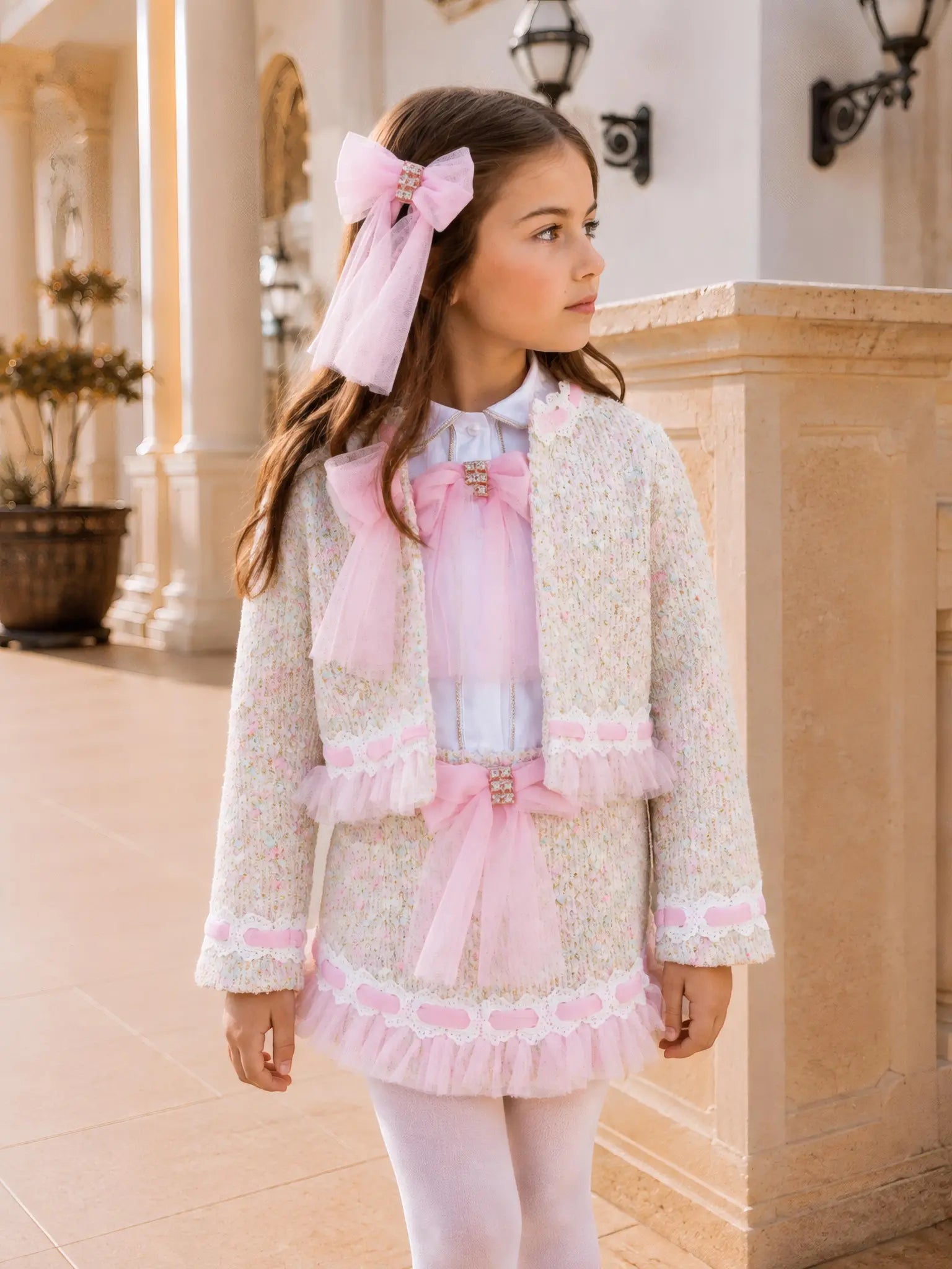 AW26 Naxos Pink Tweed Tulle Girls Blazer, Shirt & Skirt Set Naxos