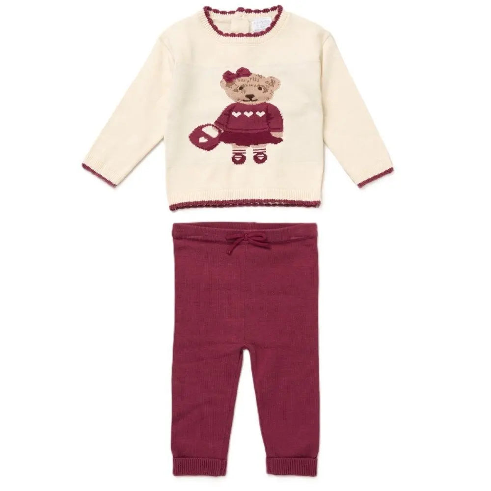 AW25 Girls Burgundy Bear Knitted Tracksuit Dainty Delilah