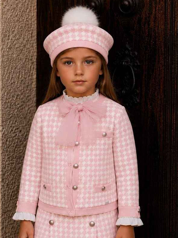 AW26 Rahigo EXCLUSIVE Baby Pink Knit Skirt Set with Cardigan, Beret & Socks