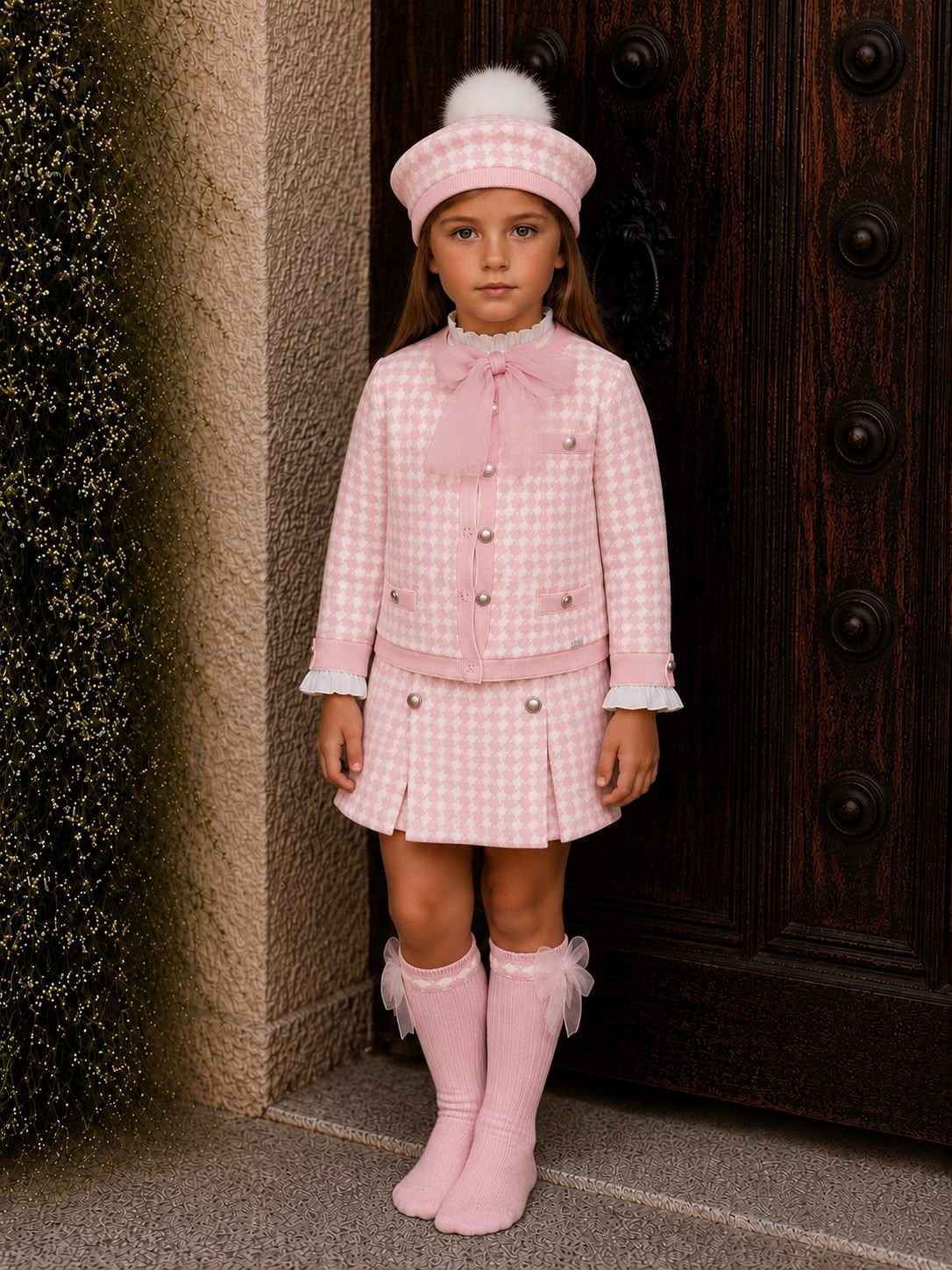 AW26 Rahigo EXCLUSIVE Baby Pink Knit Skirt Set with Cardigan, Beret & Socks