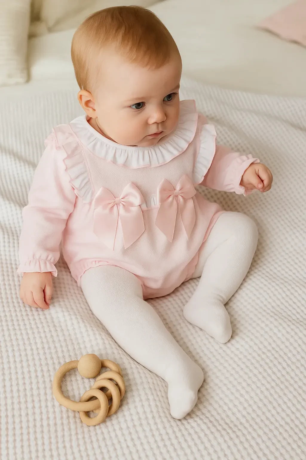 Baby girl sitting on a textured beige blanket wearing a pink ruffled outfit with bows and white tights, wooden toy nearby