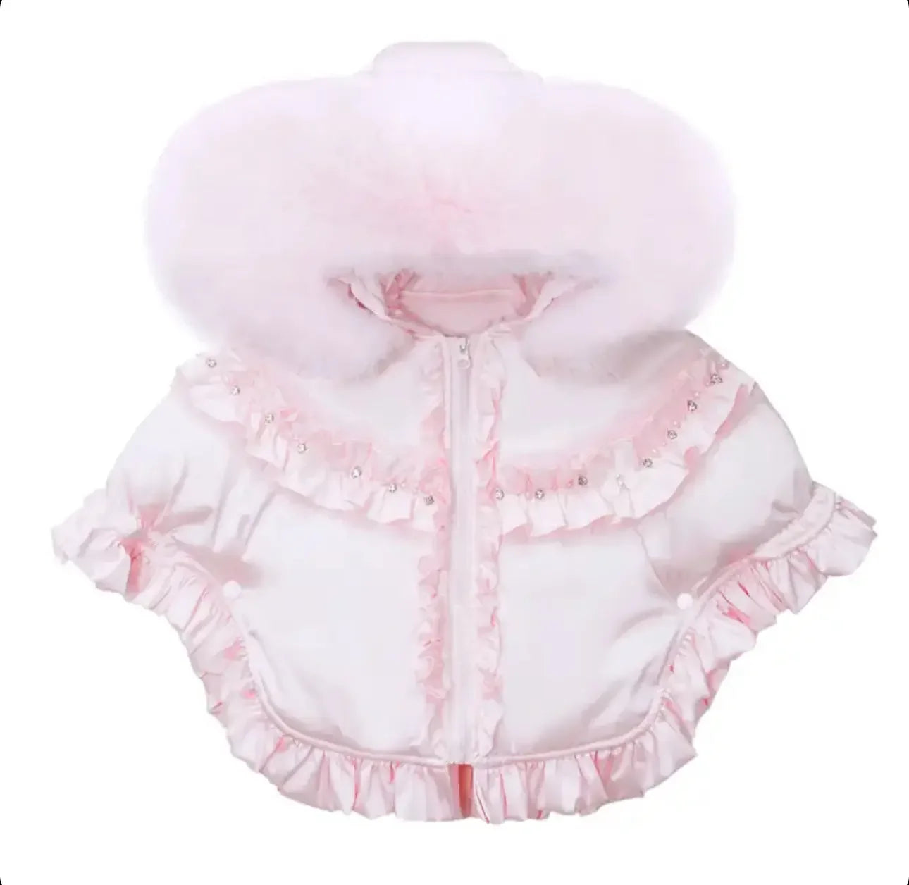 Soft pink baby jacket with large fur hood, ruffled edges, and rhinestone embellishments