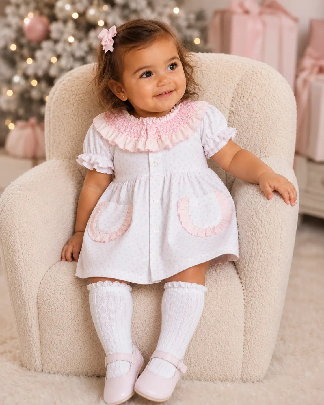 SS26 Baby Girls Pink Spot Smock Dress & Knickers Dainty Delilah