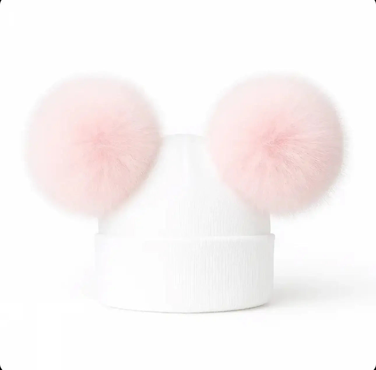 White knit beanie hat with two large fluffy pink pom-poms on top