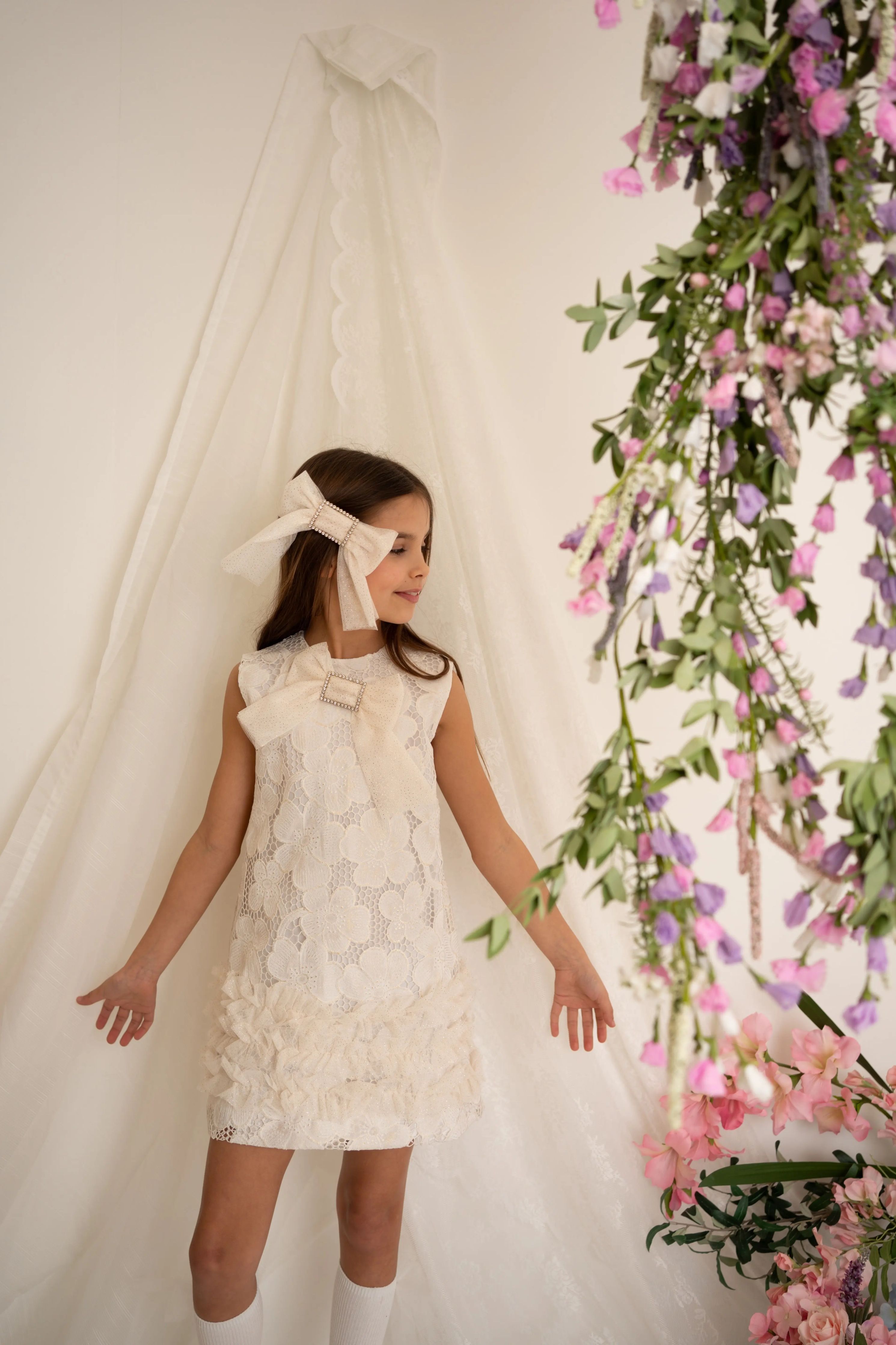 SS26 Naxos Girls Gold Glitter Lace Tulle Dress Naxos