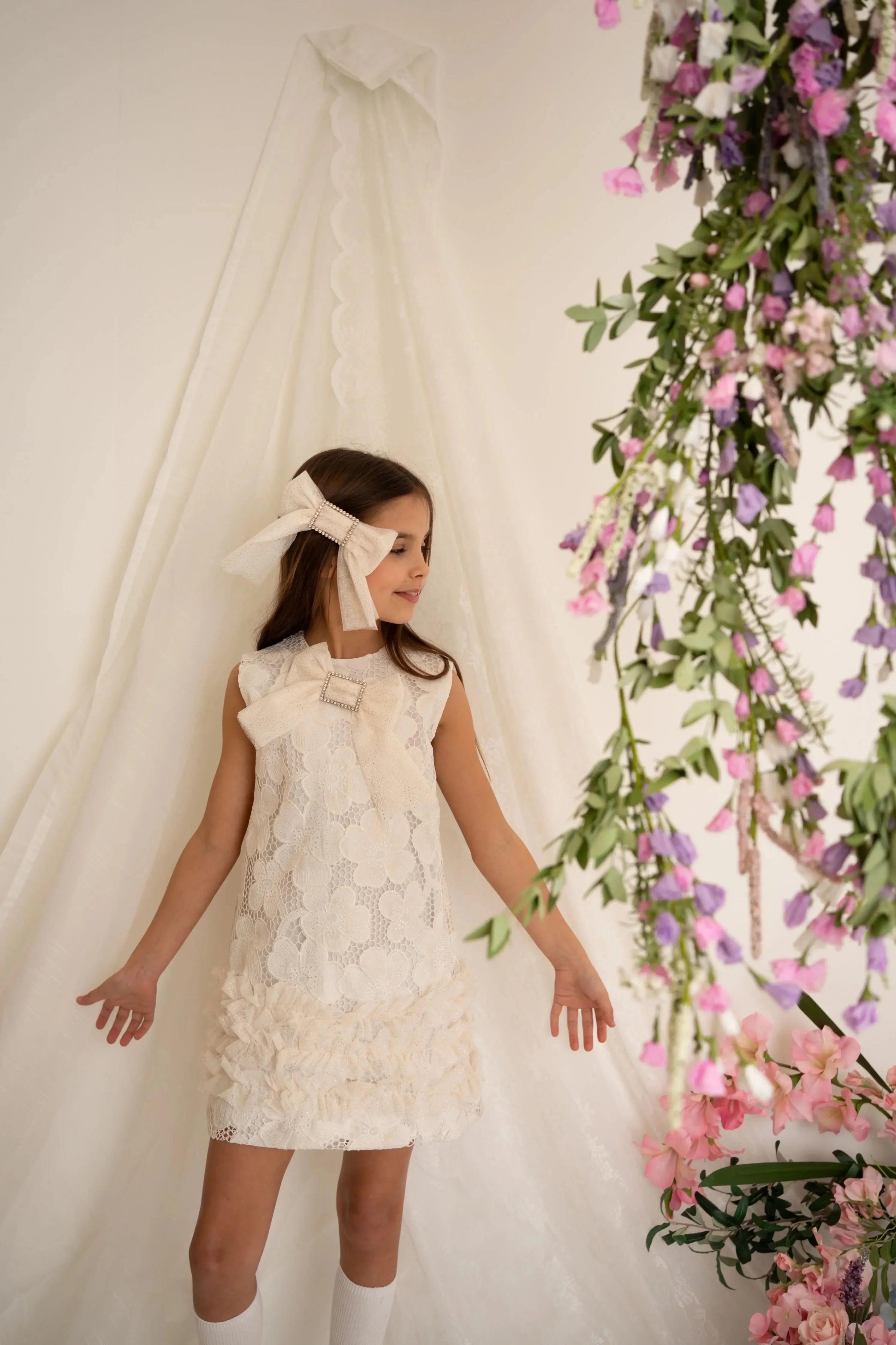 SS26 Naxos Girls Gold Glitter Lace Tulle Dress Naxos