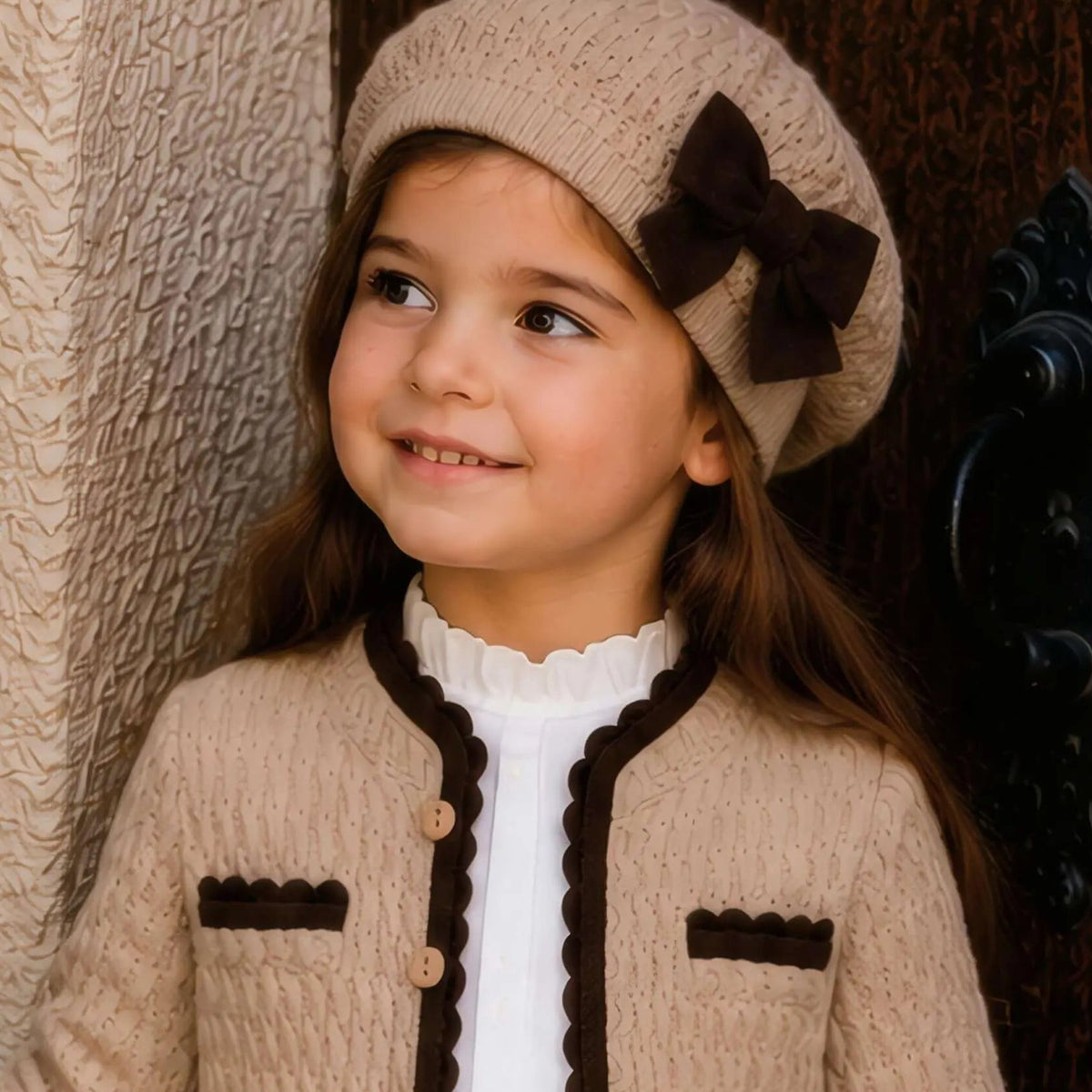 Rahigo AW26 Camel & Brown Knit Skirt Set with Cardigan, Beret & Socks. Available in sizes 4 Years, 5 Years, 6 Years, 8 Years, 10 Years, 12 Years.