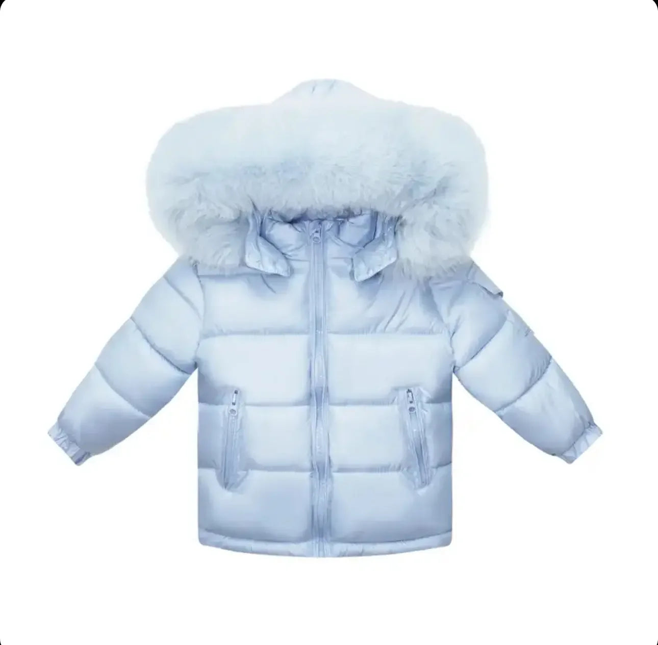 Light blue puffer jacket with large fluffy fur hood and zippered pockets on white background