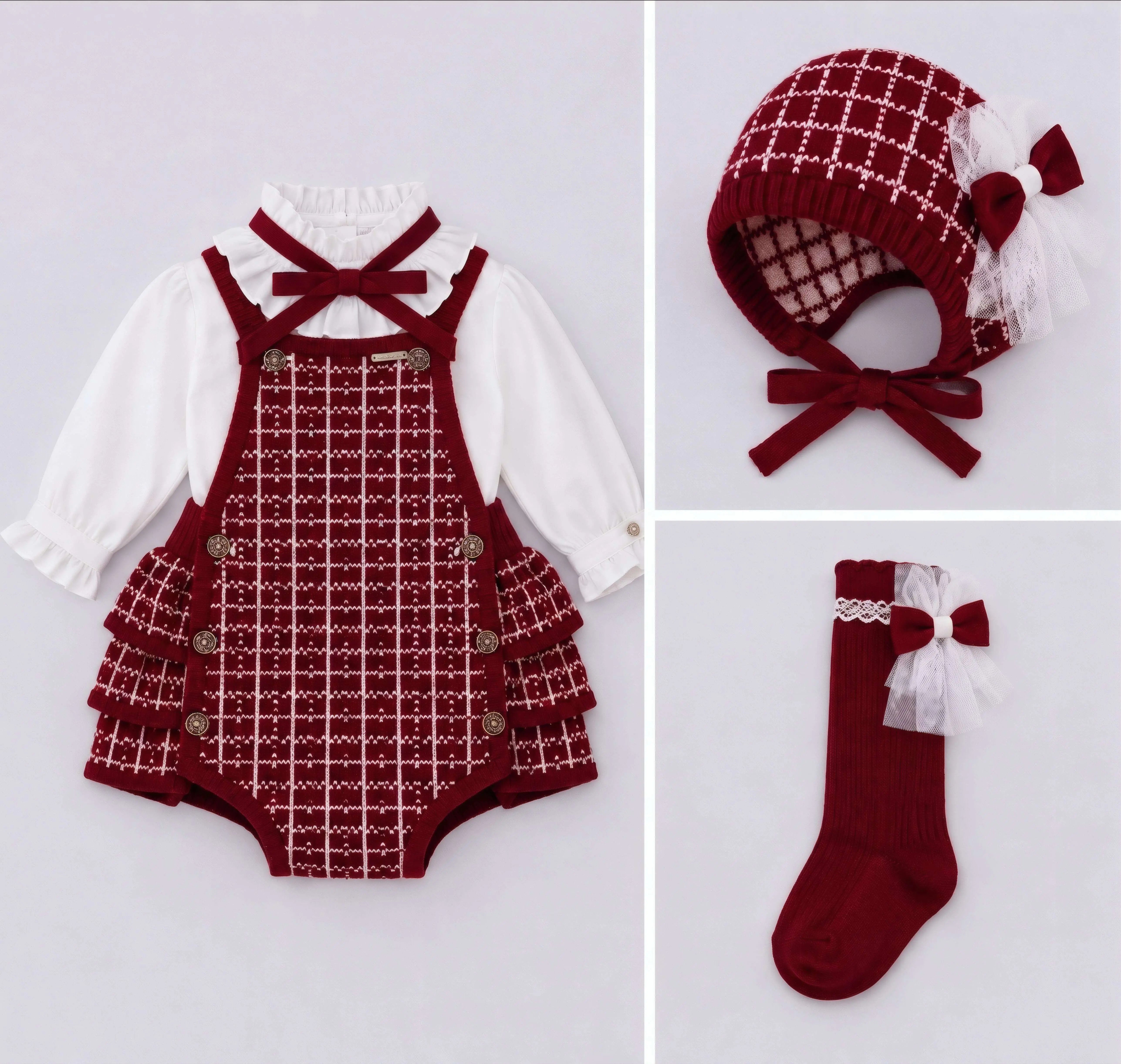 AW26 Rahigo Baby Girls Burgundy Cardigan,Pinafore,Shirt,Bonnet & Socks Rahigo Moda Infantil