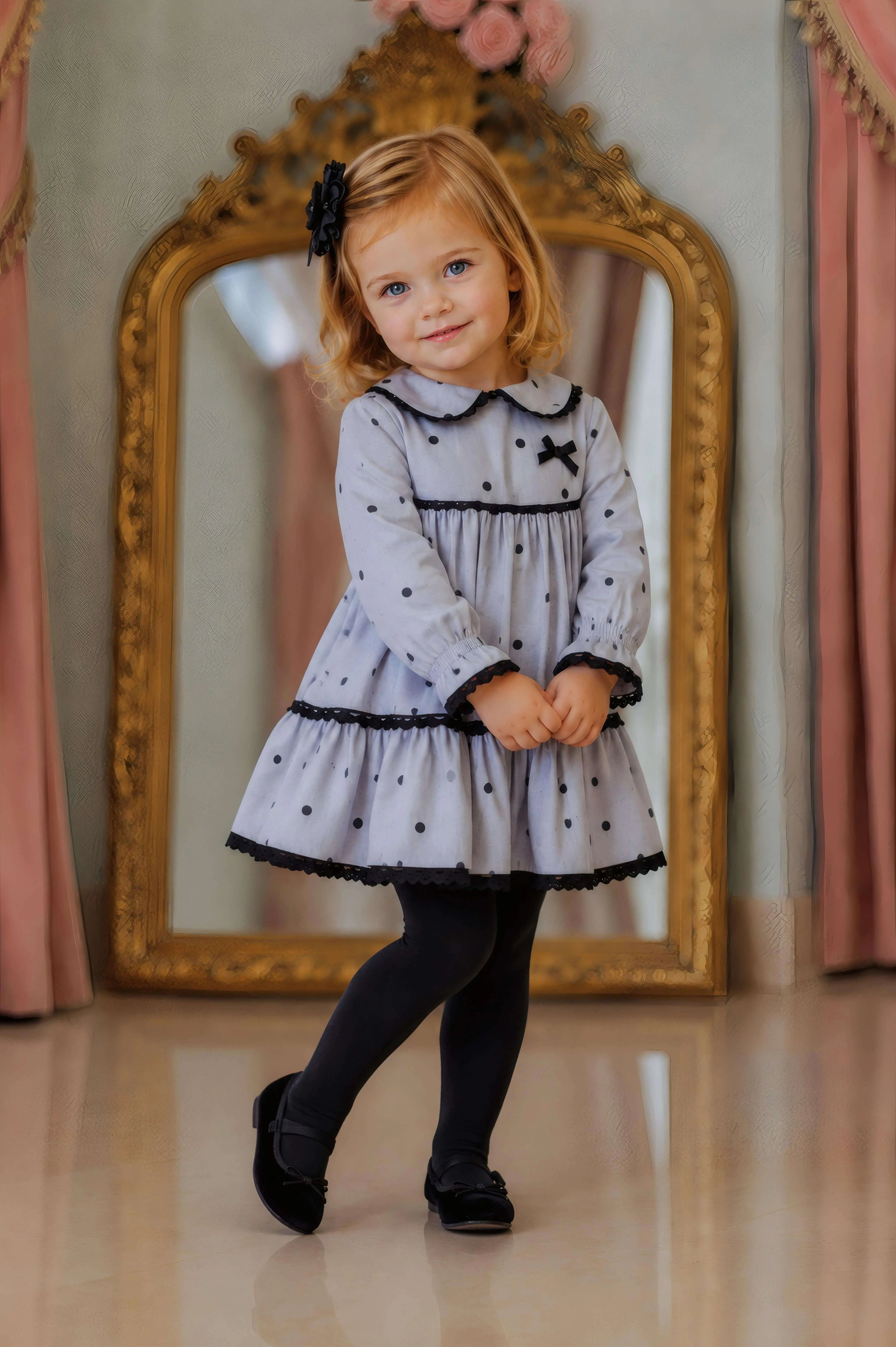 AW26 Miranda Baby Girls Grey Polka Dot Dress Miranda