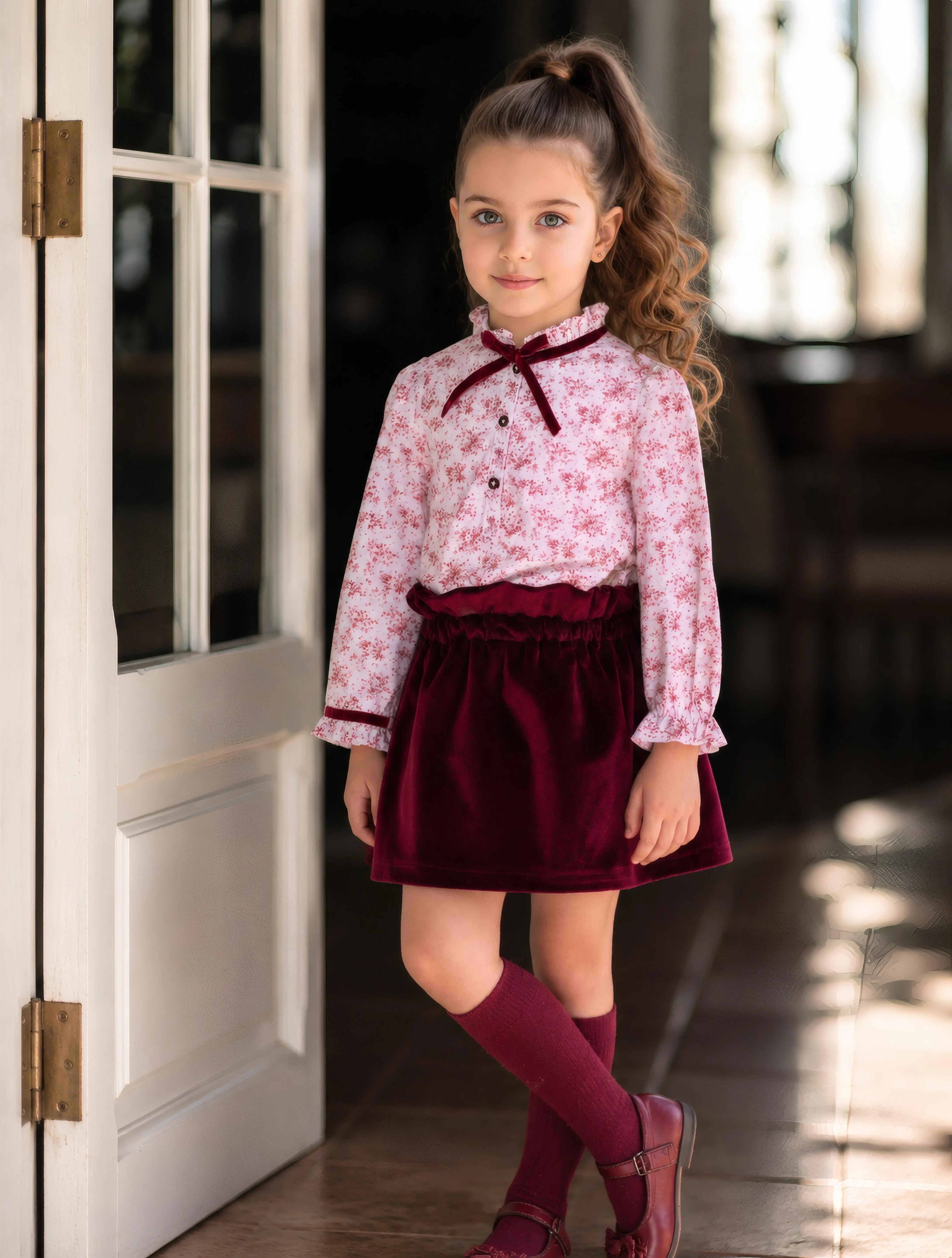 AW26 Miranda Girls Floral Shirt & Burgundy Velvet Skirt Set Miranda