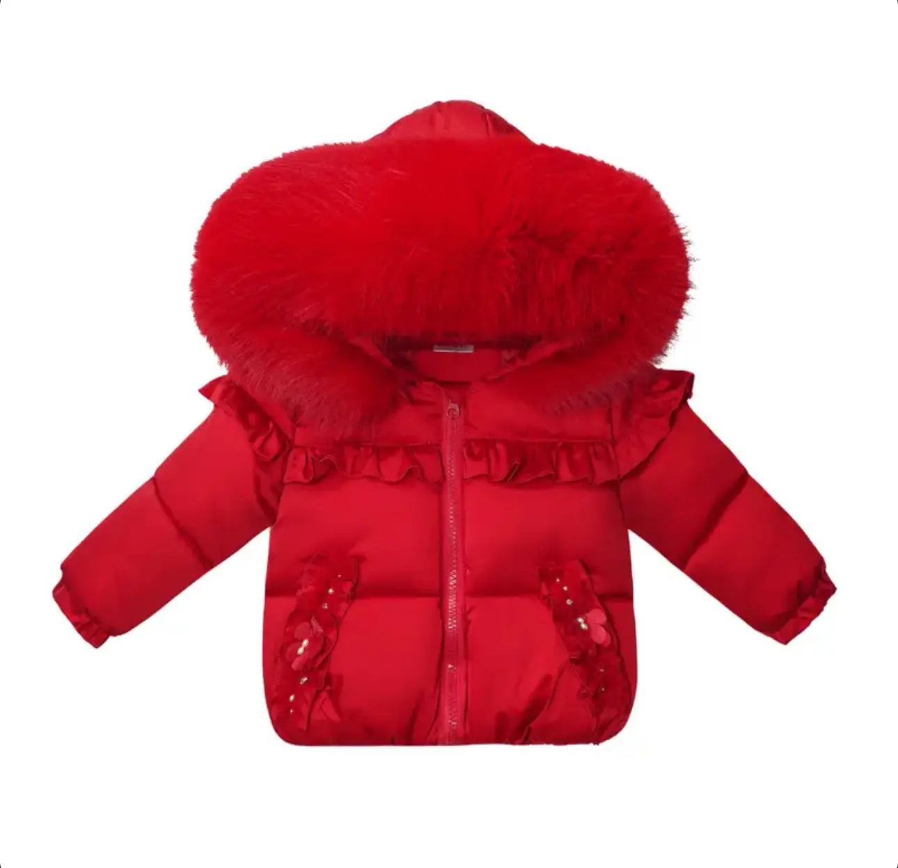 Girls Red Frill Fur Hood Puffa Coat Dainty Delilah