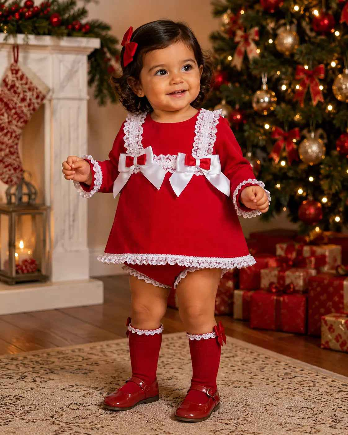 Baby Girls Red / White Christmas Dress & Bloomers