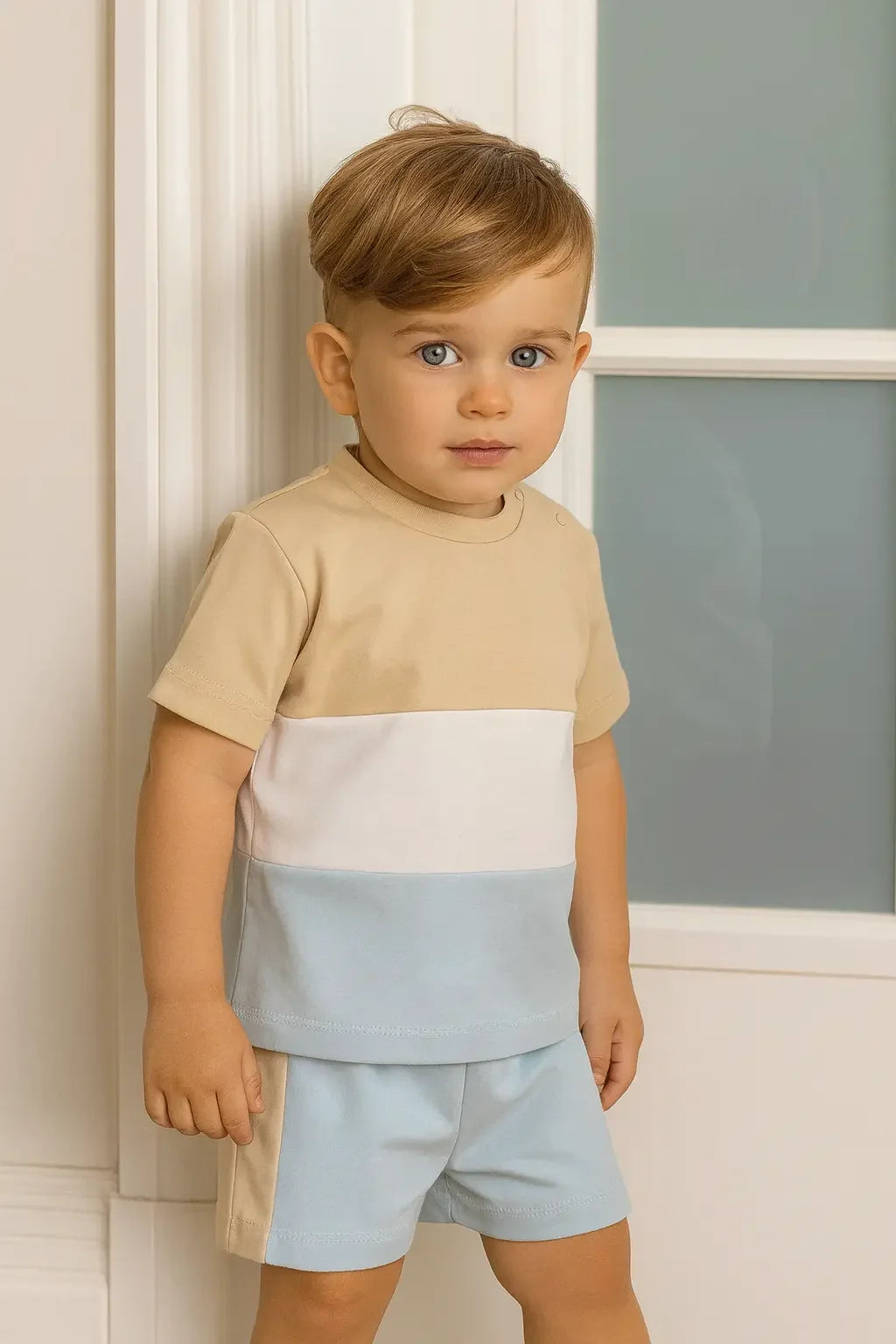 Toddler boy wearing beige, white, and light blue color-block t-shirt and shorts standing indoors