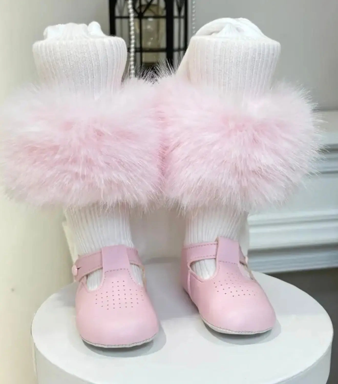 Baby Girls White Tights With Pink Fur Removable Cuffs Dainty Delilah