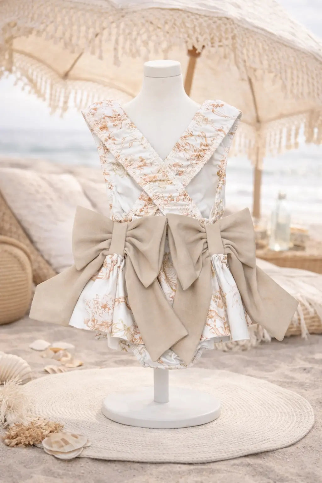 Girls Summer Beige Toile Frilly Bow Swimming Costume Dainty Delilah