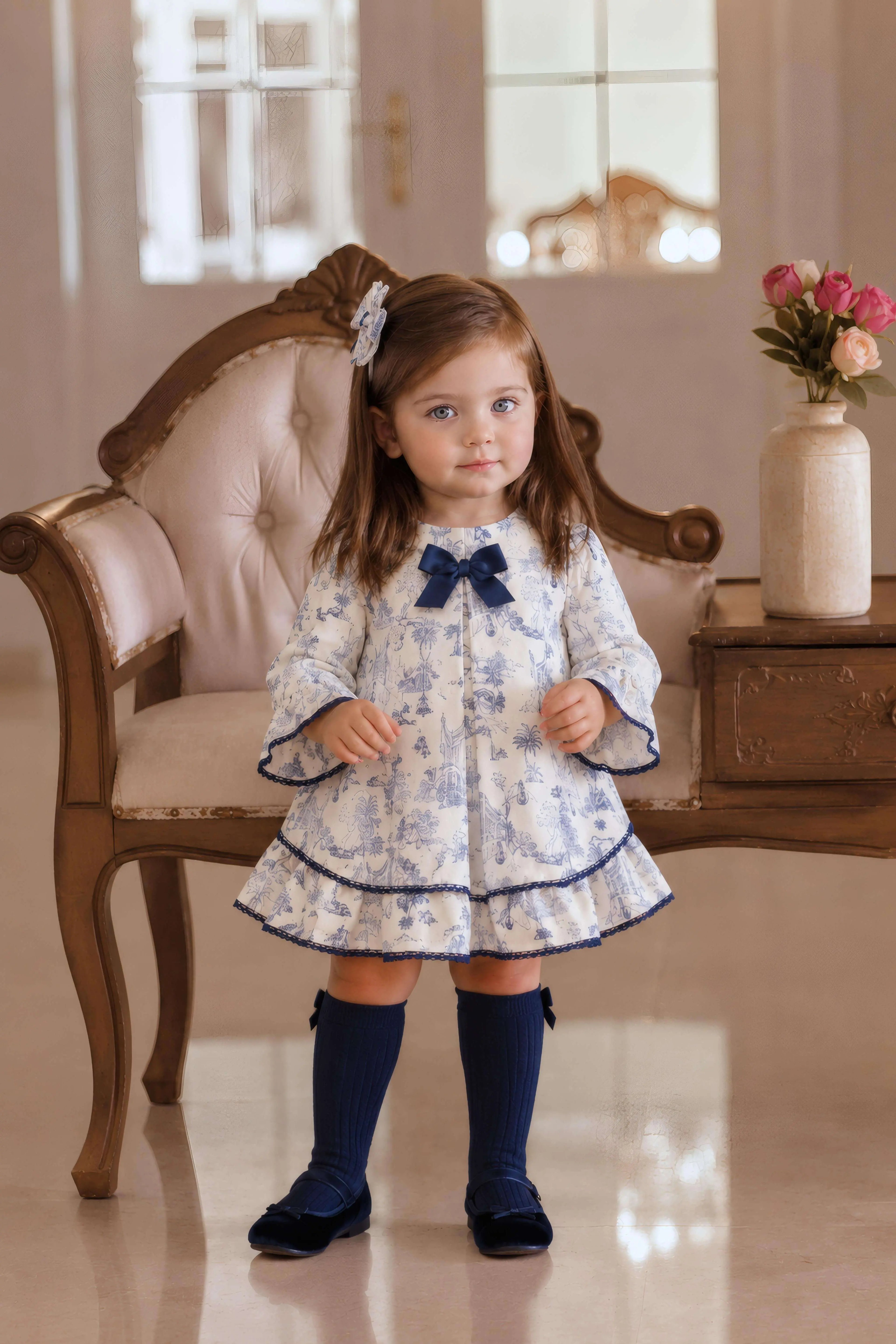 AW26 Miranda Baby Girls Blue Toile Dress Miranda