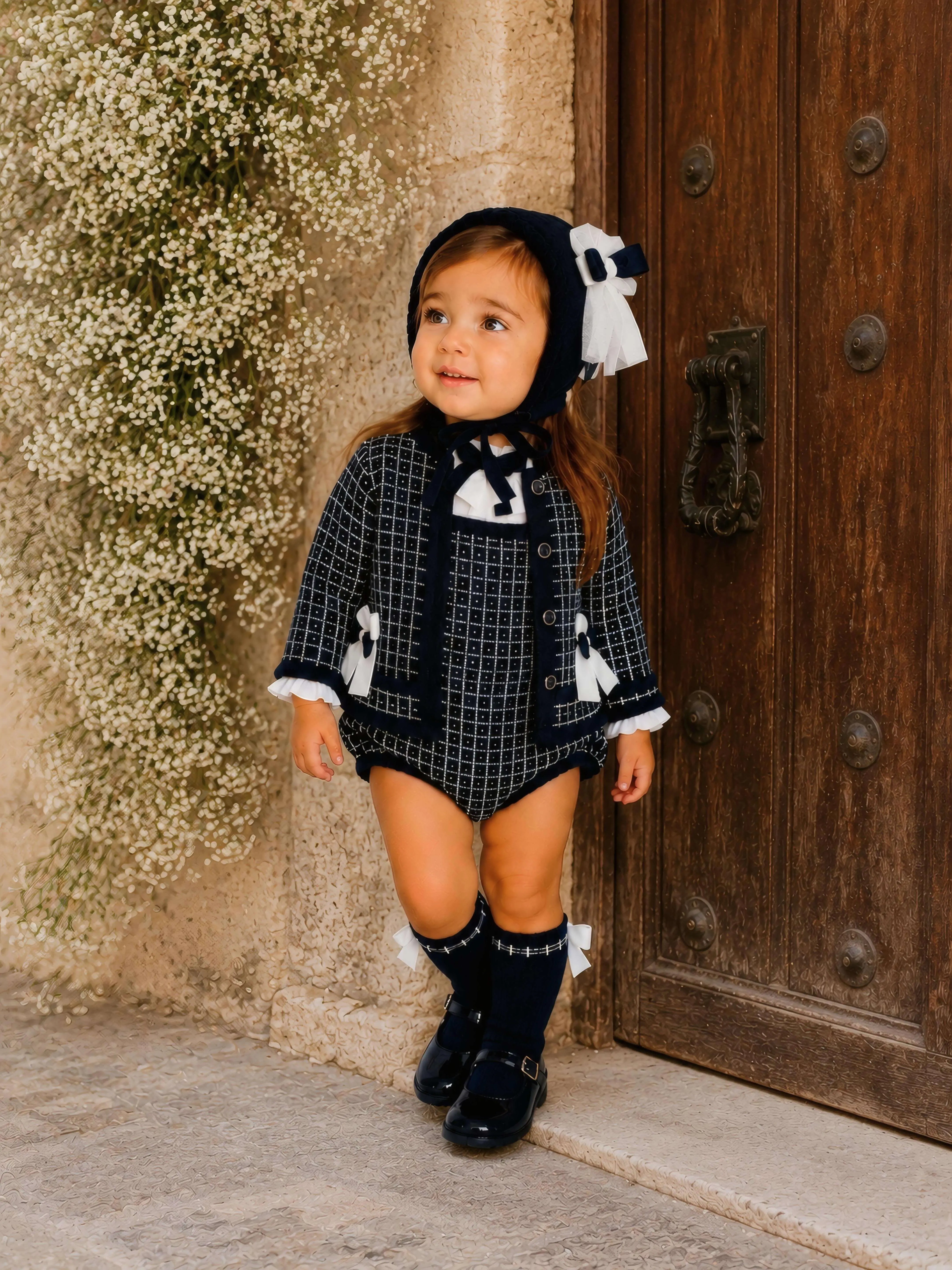 AW26 Rahigo Baby Girls Navy Cardigan,Pinafore,Shirt,Bonnet & Socks Rahigo Moda Infantil