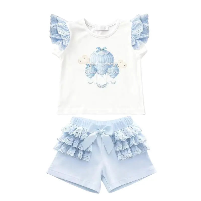 SS26 Girls Blue Air Balloon Summer T-Shirt & Short Set Dainty Delilah
