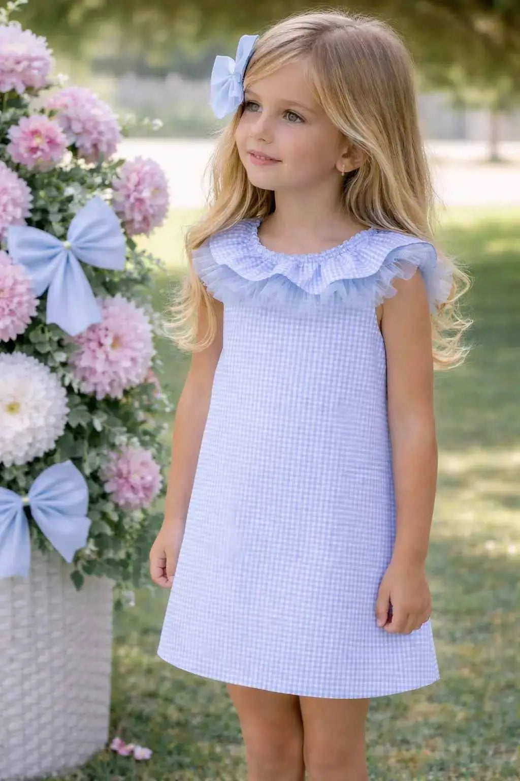 SS26 Babine Girls Blue Check Tulle Dress