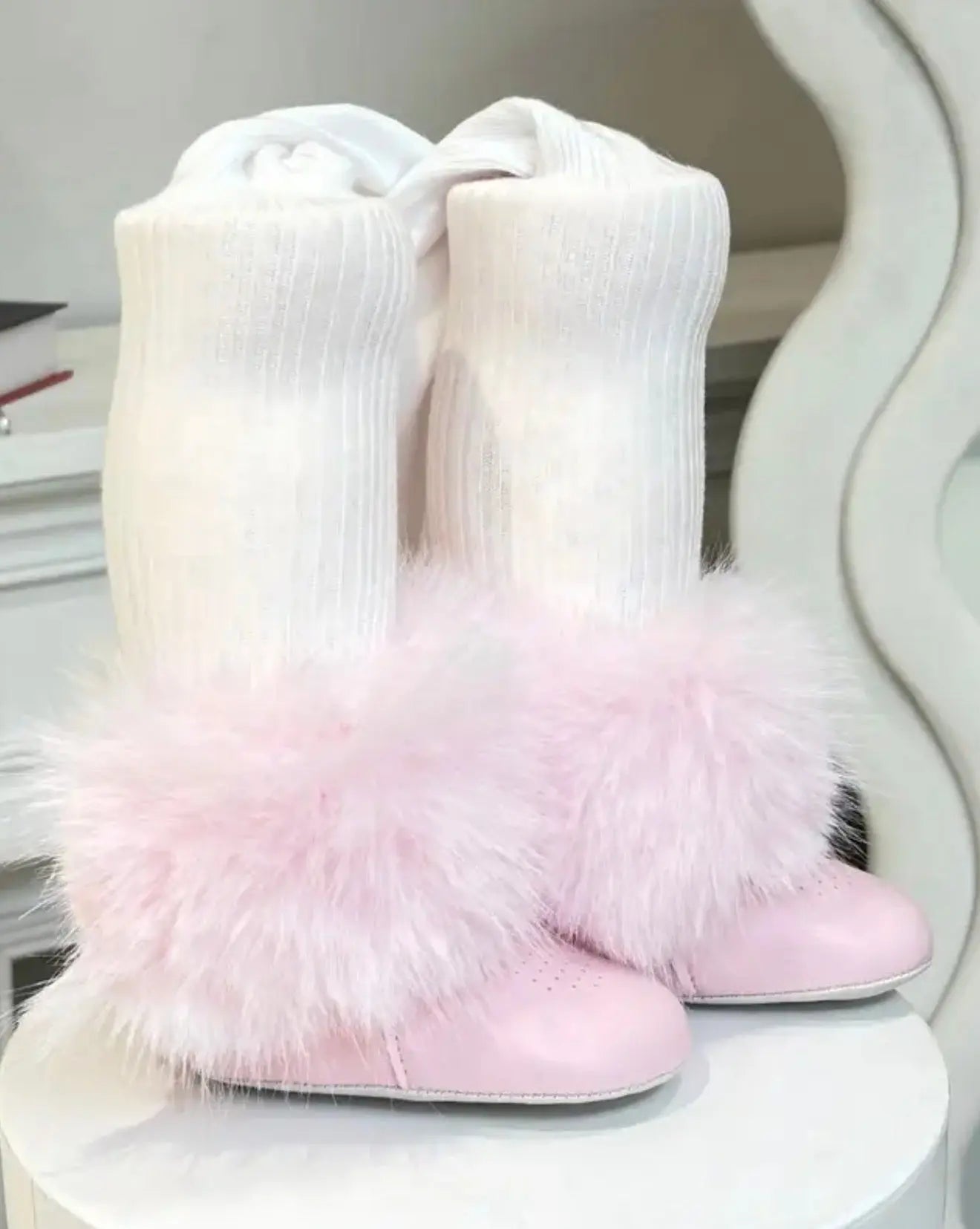 Baby Girls White Tights With Pink Fur Removable Cuffs Dainty Delilah
