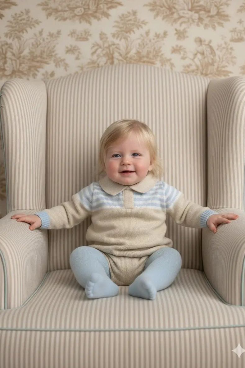 Boys Baby Camel & Blue Knitted Romper & Cardigan Dainty Delilah