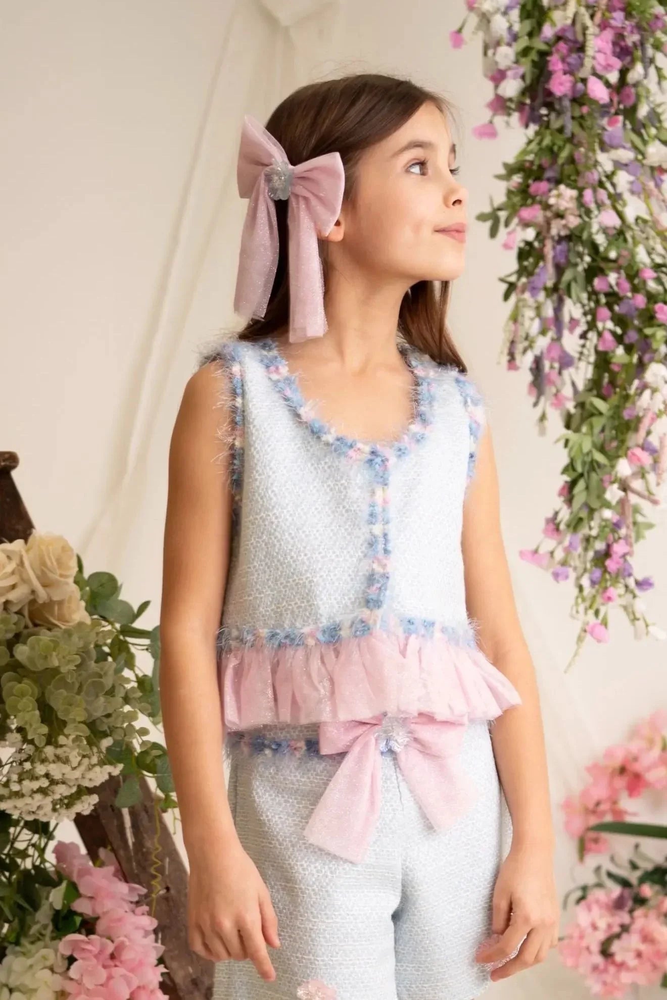 SS26 Naxos Girls Bubblegum Tweed Blouse & Short Set Naxos