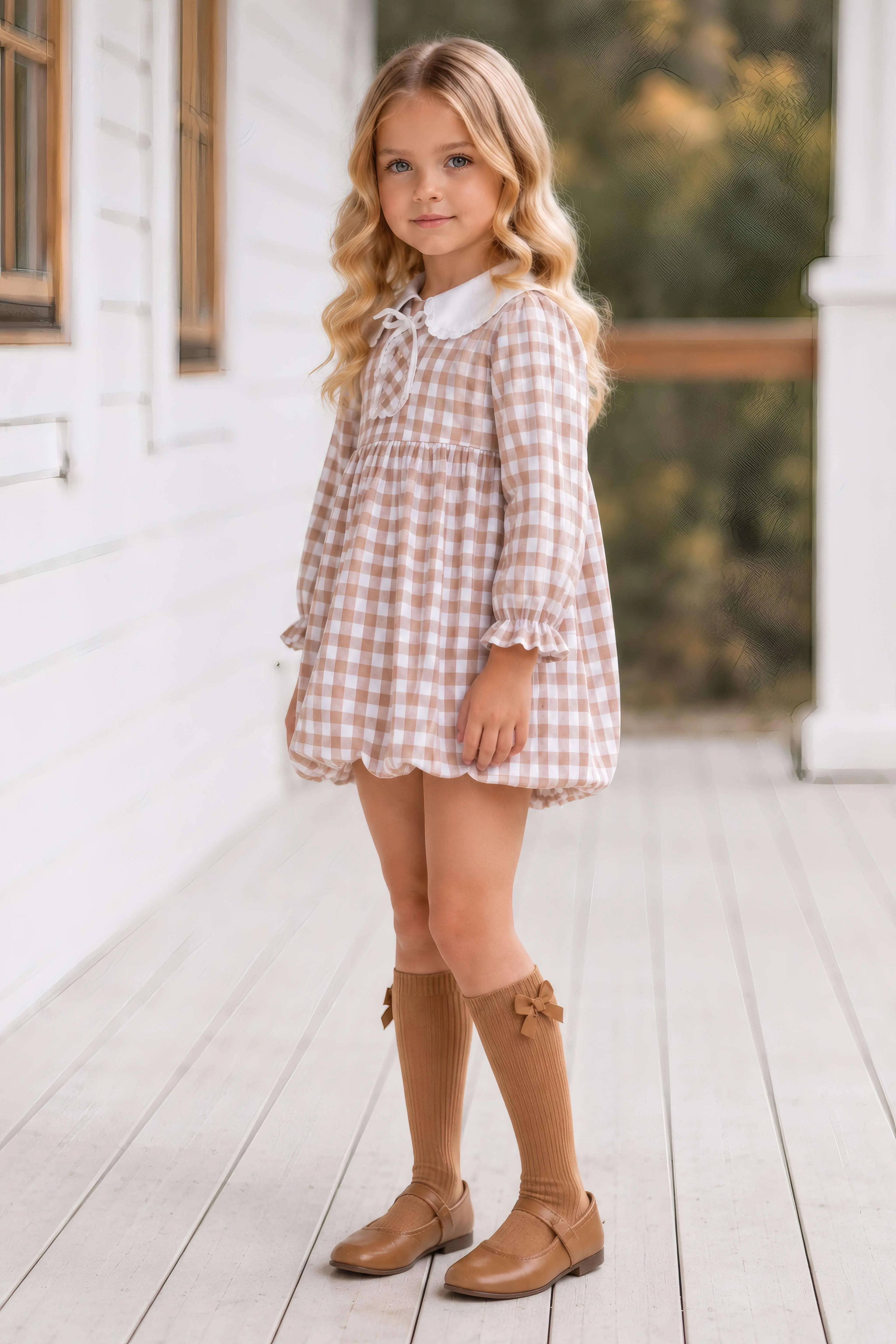 AW26 Miranda Girls Beige Gingham Dress Miranda