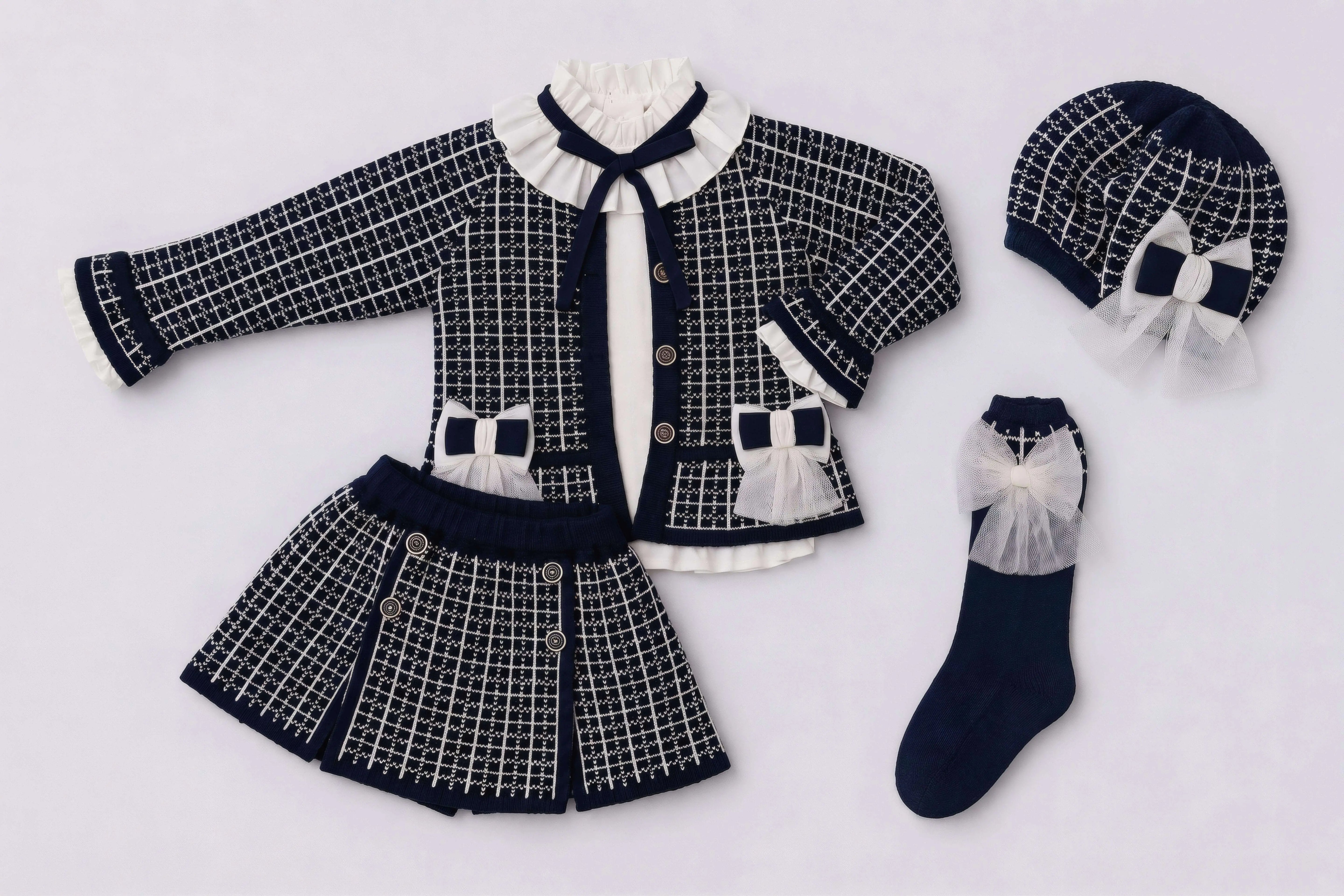 AW26 Rahigo Navy Blue Knit Skirt Set with Cardigan, Beret & Socks Rahigo Moda Infantil