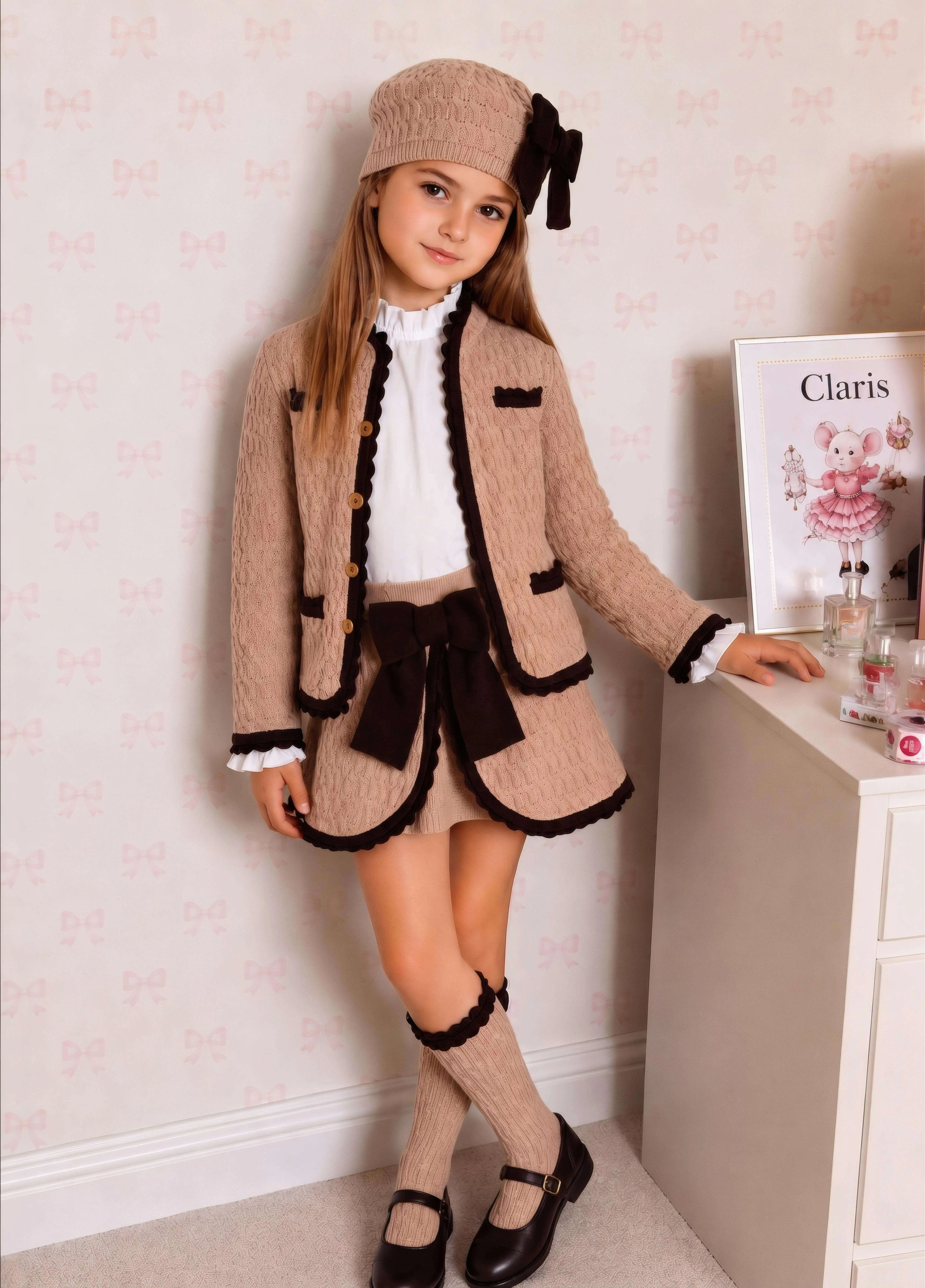 Rahigo AW26 Camel & Brown Knit Skirt Set with Cardigan, Beret & Socks Rahigo Moda Infantil