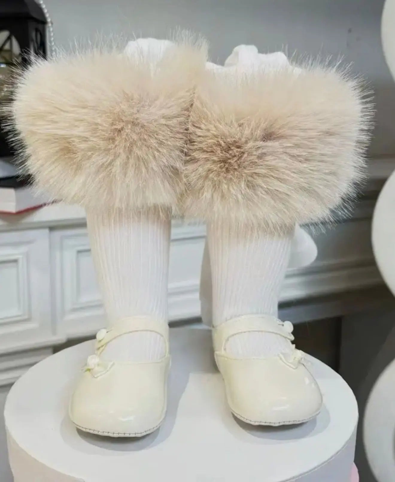 Baby Girls White Tights With Camel Fur Removable Cuffs Dainty Delilah