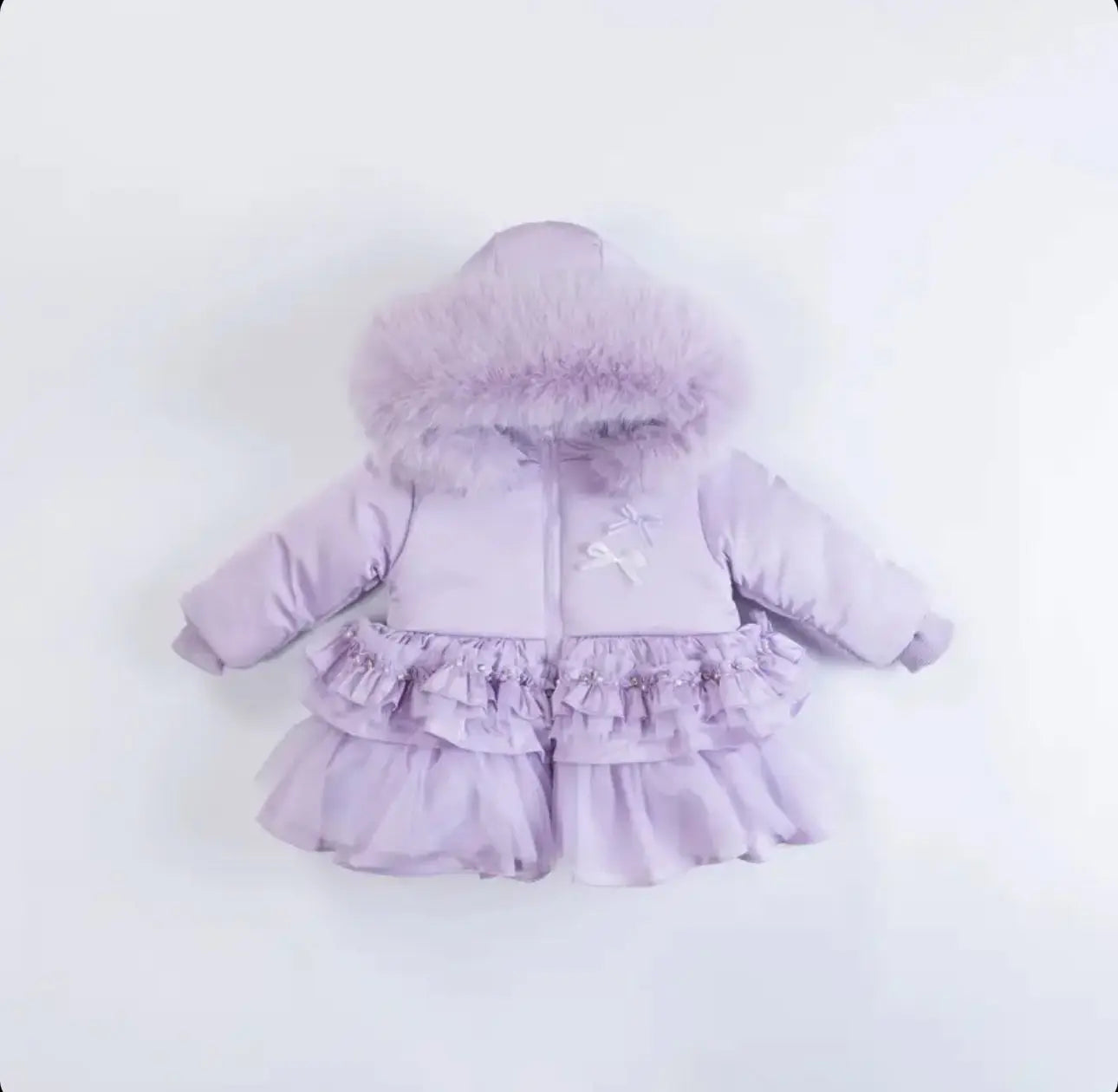 Lilac Crystal Tulle Fur Hood Coat Dainty Delilah