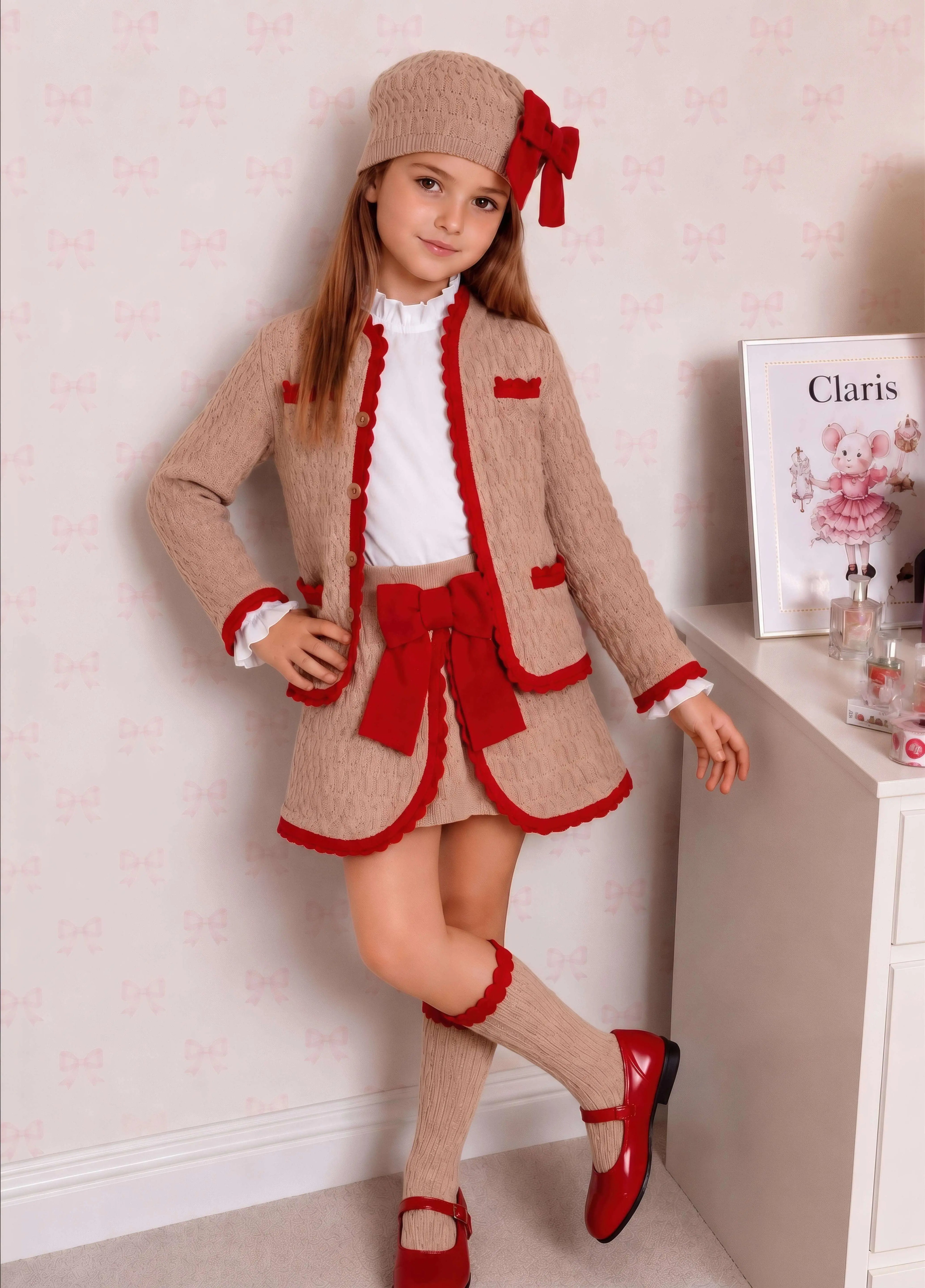 Rahigo AW26 Camel & Red Knit Skirt Set with Cardigan, Beret & Socks Rahigo Moda Infantil