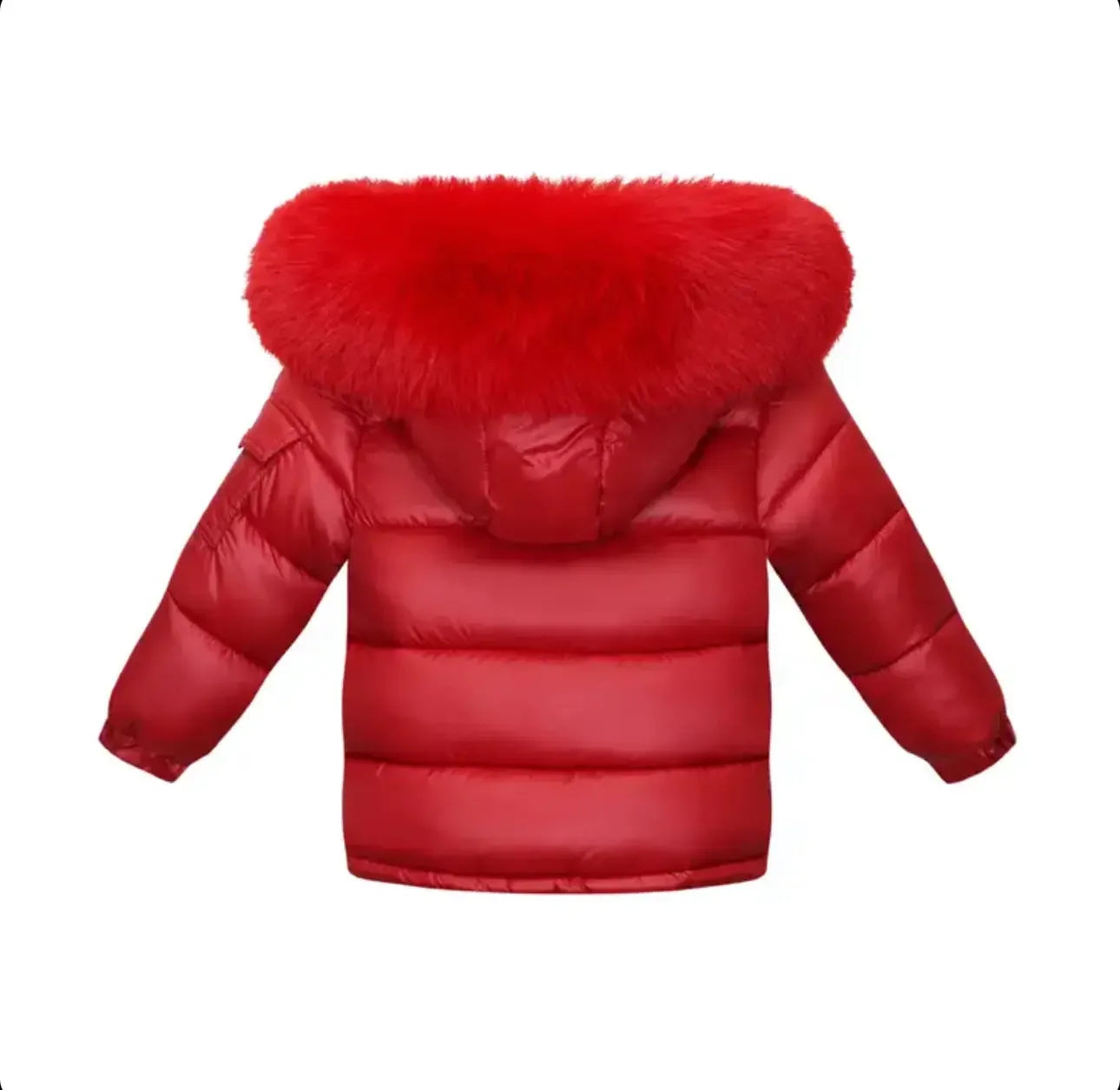 Bright red puffer jacket with a fluffy fur hood, shown from the back on white background