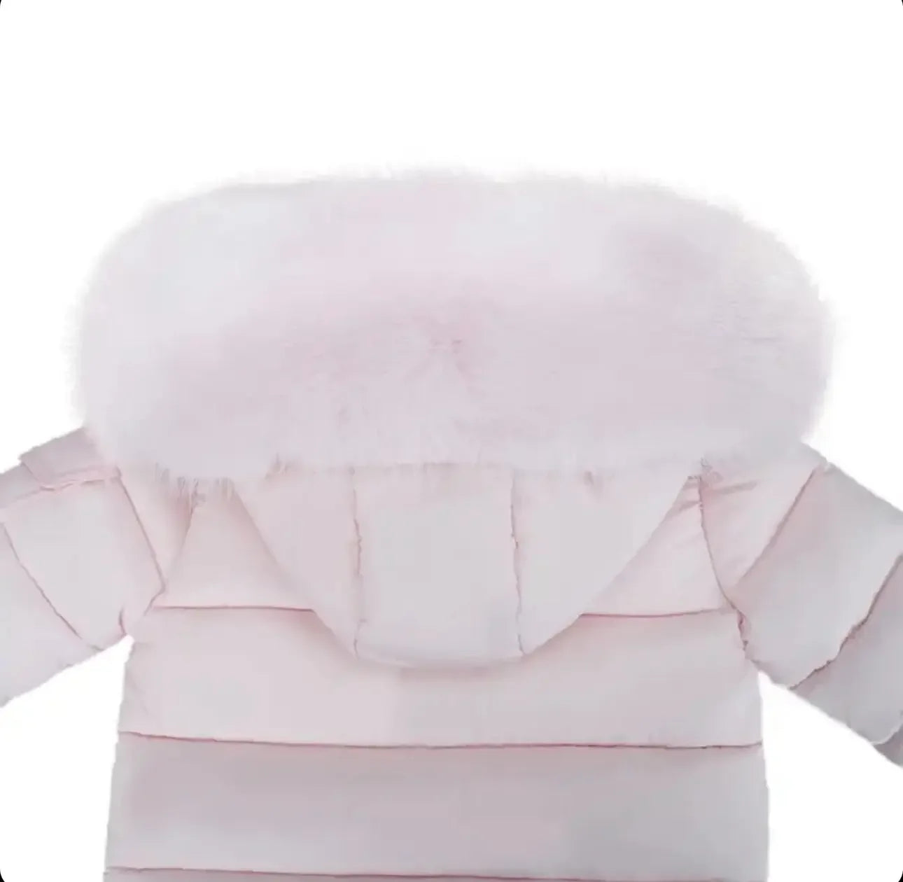 Back view of light pink padded winter jacket with fluffy faux fur hood trim