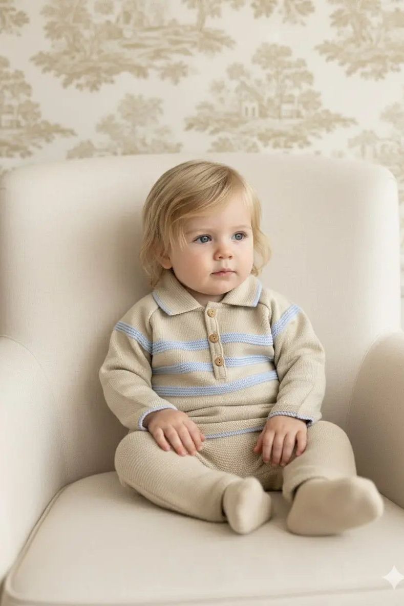 Boys Baby Camel & Blue Knitted Tracksuit Dainty Delilah