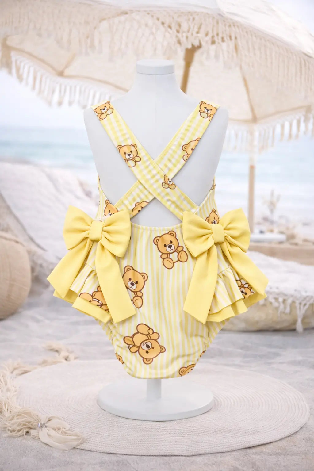 Girls Summer Yellow Bear Frilly Bow Swimming Costume Dainty Delilah