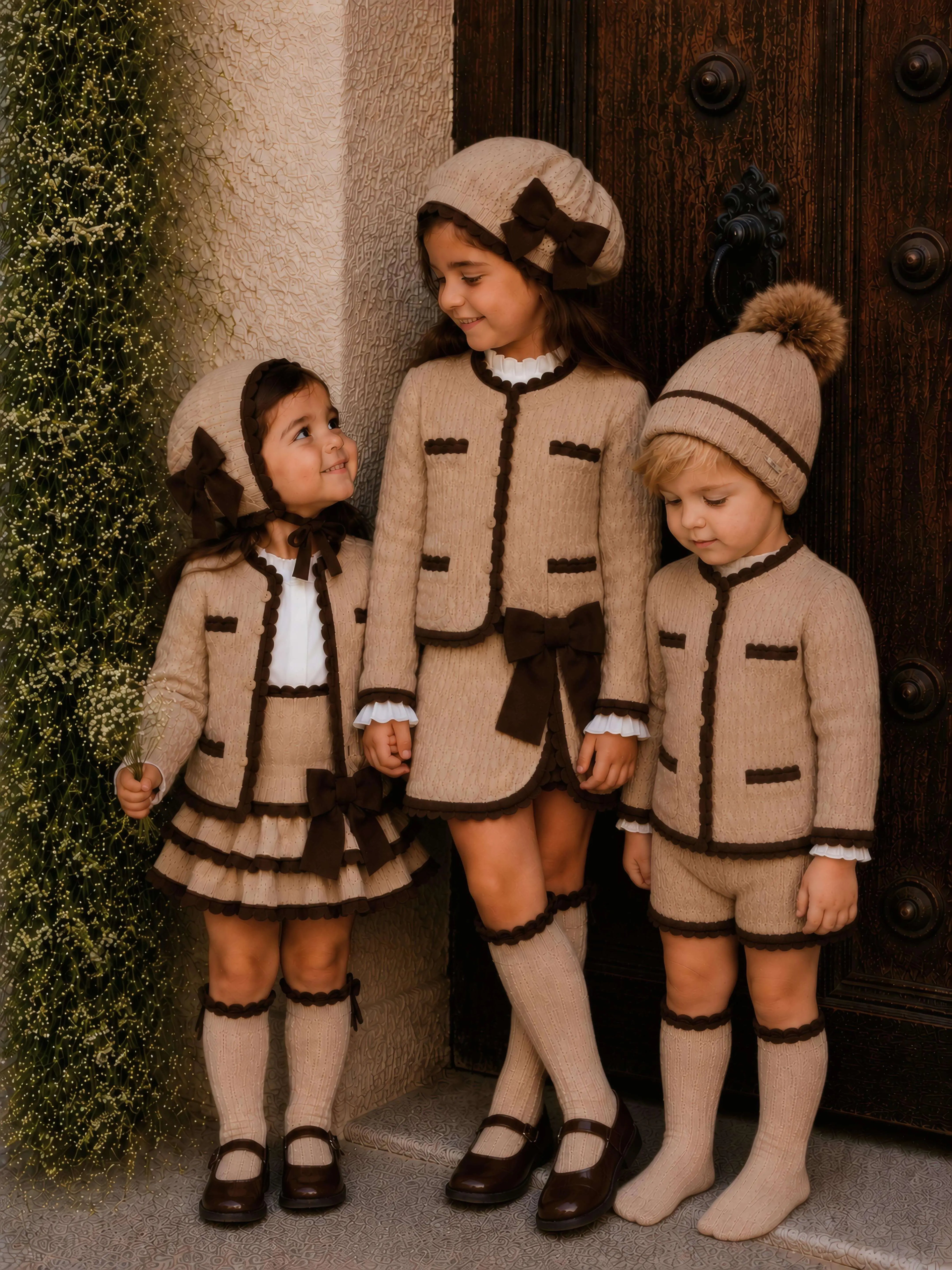 Rahigo AW26 Camel & Brown Knit Skirt Set with Cardigan, Beret & Socks Rahigo Moda Infantil
