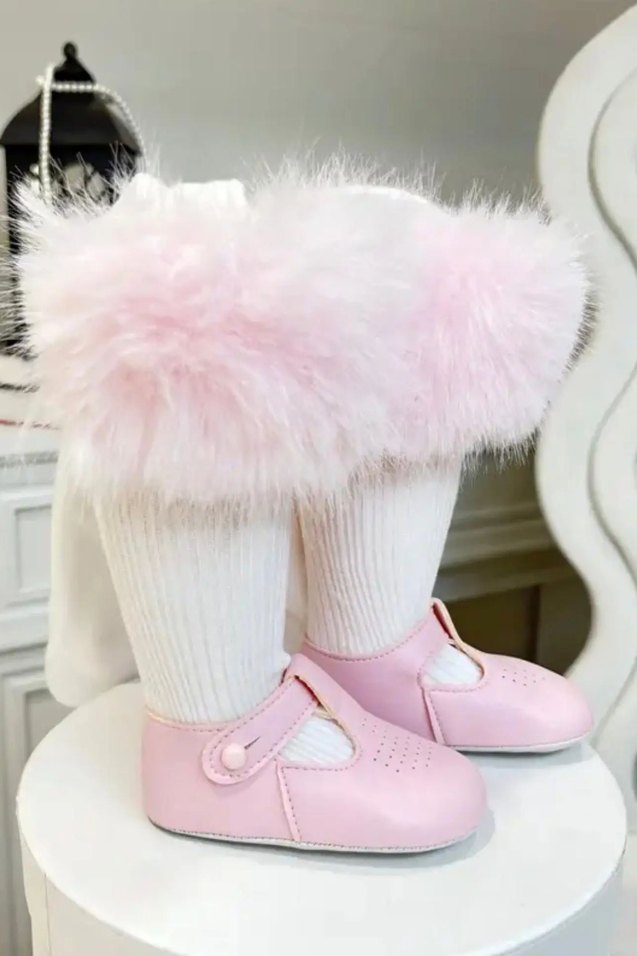Baby Girls White Tights With Pink Fur Removable Cuffs Dainty Delilah