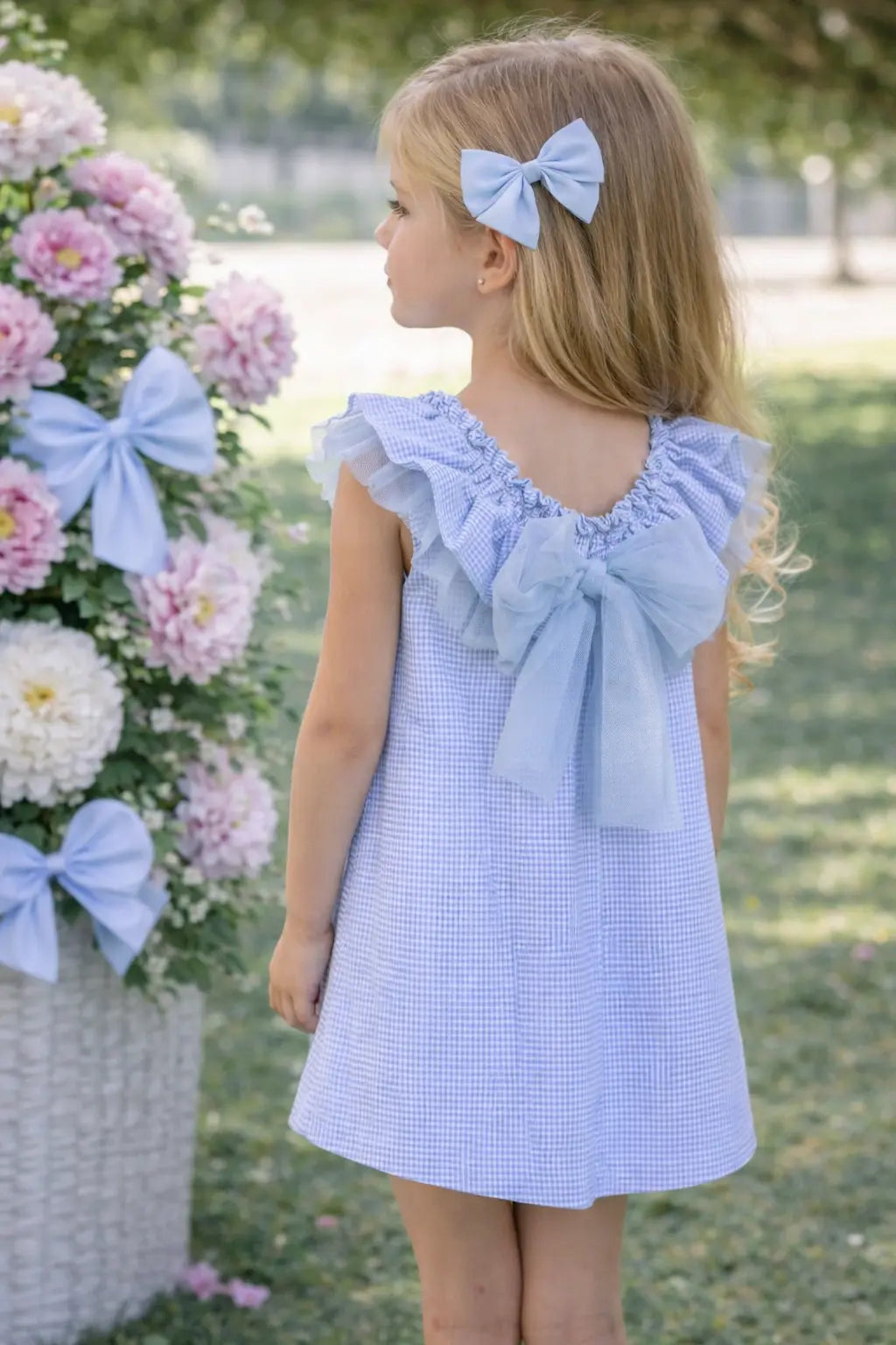 SS26 Babine Girls Blue Check Tulle Dress Babine