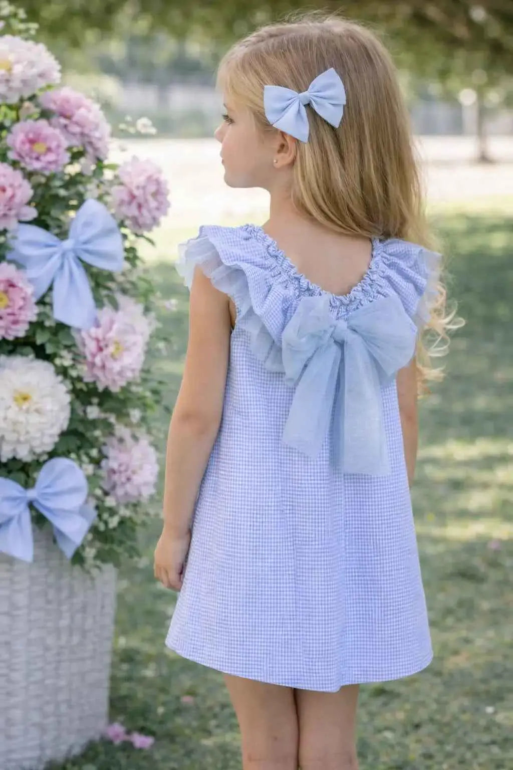 SS26 Babine Girls Blue Check Tulle Dress