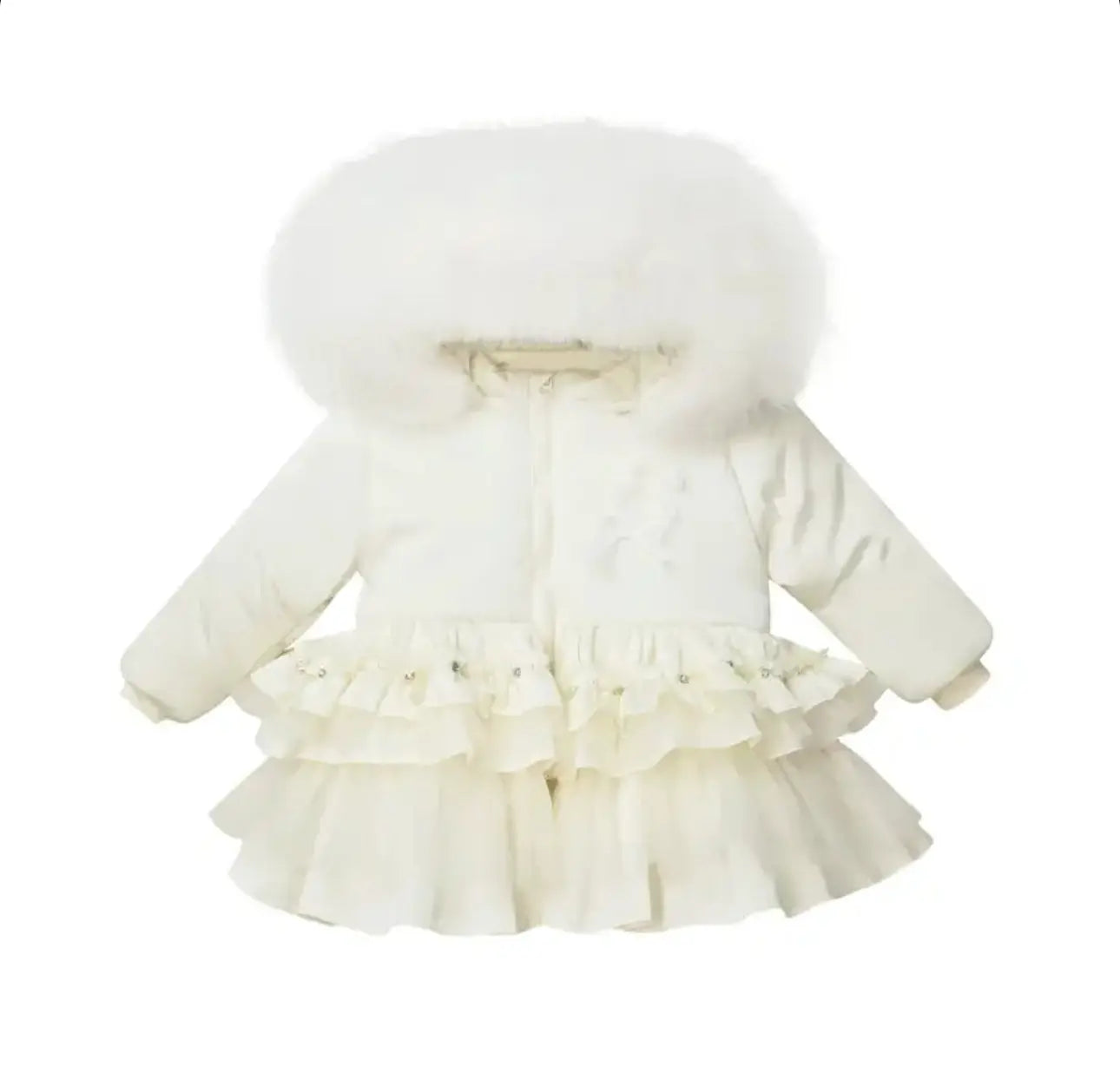 Cream Crystal Tulle Fur Hood Coat Dainty Delilah