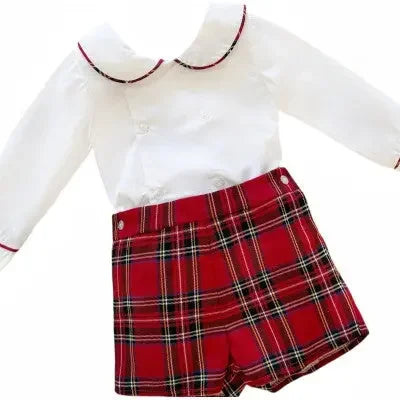 White long-sleeve shirt with Peter Pan collar and red plaid high-waisted shorts for children