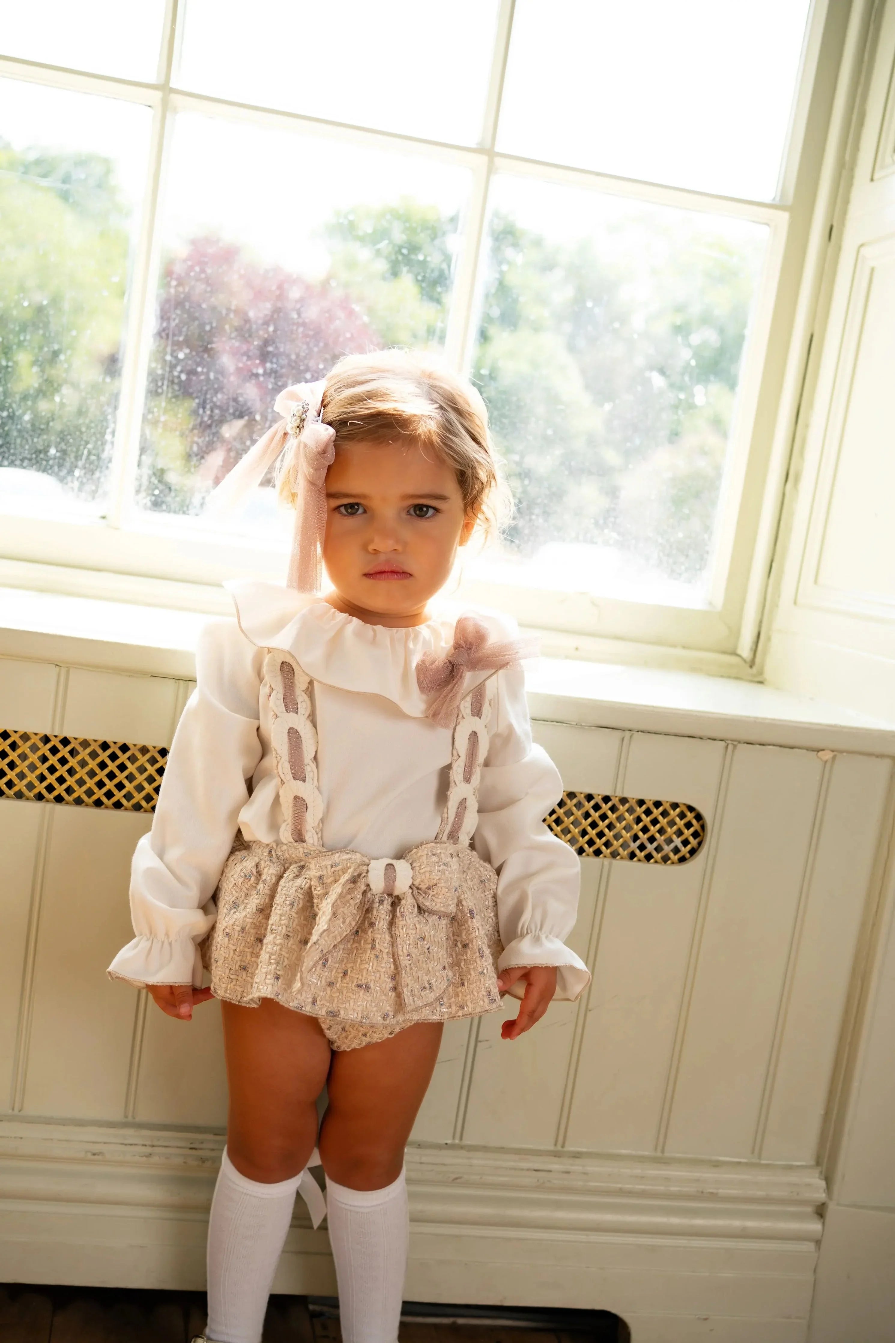 AW25 Naxos Baby Girls Beige Glitter Tweed Romper Set Naxos